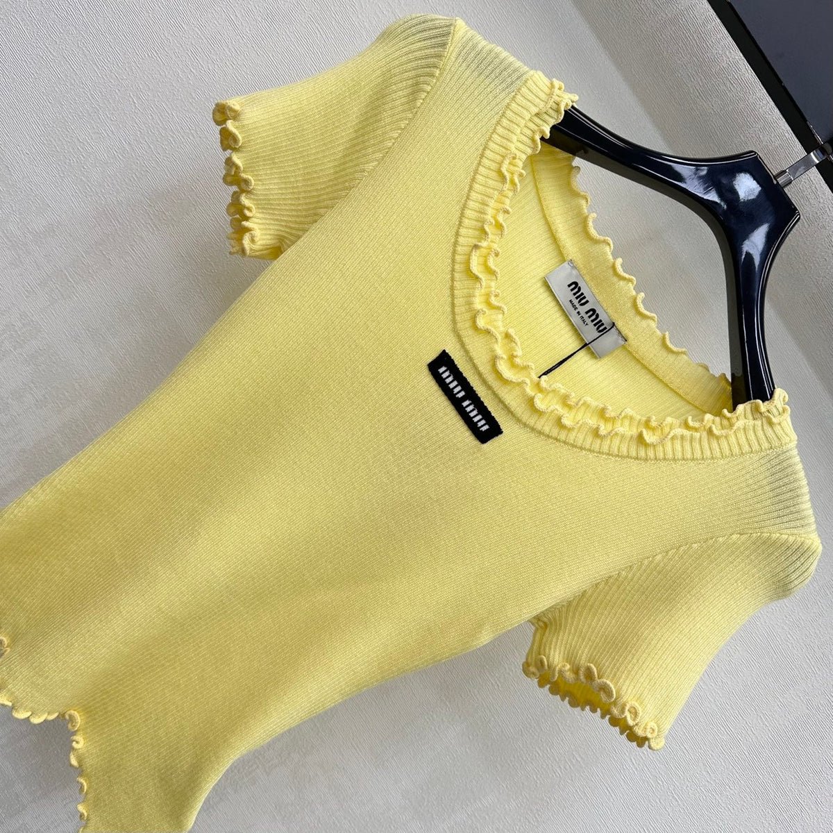 Miumiu 2026 Ruffled Short-Sleeve Knit Top Yellow Wool 447791