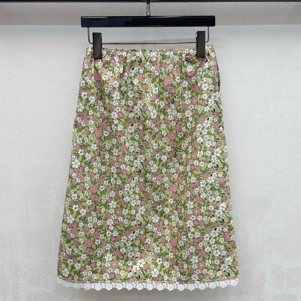 Miumiu 2026 Floral Lace-Trimmed Midi Skirt Green Pink Cotton 396669
