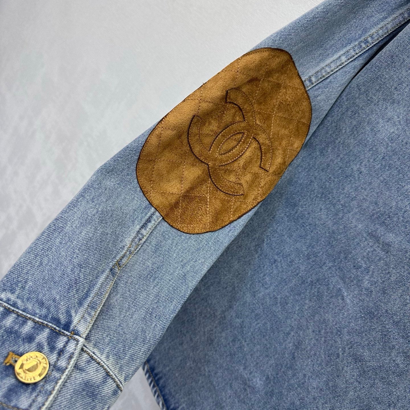 Chanel 2026 Checkered Denim Shirt with Sleeve Patches Light Blue Cotton 418505