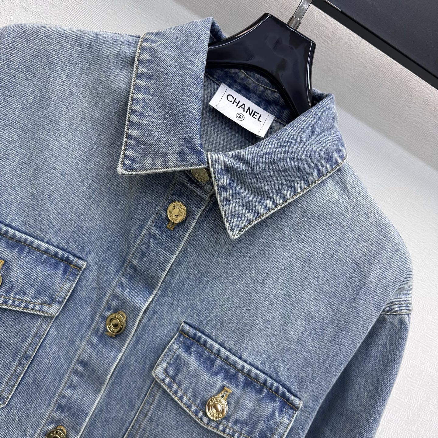 Chanel 2026 Checkered Denim Shirt with Sleeve Patches Light Blue Cotton 418505