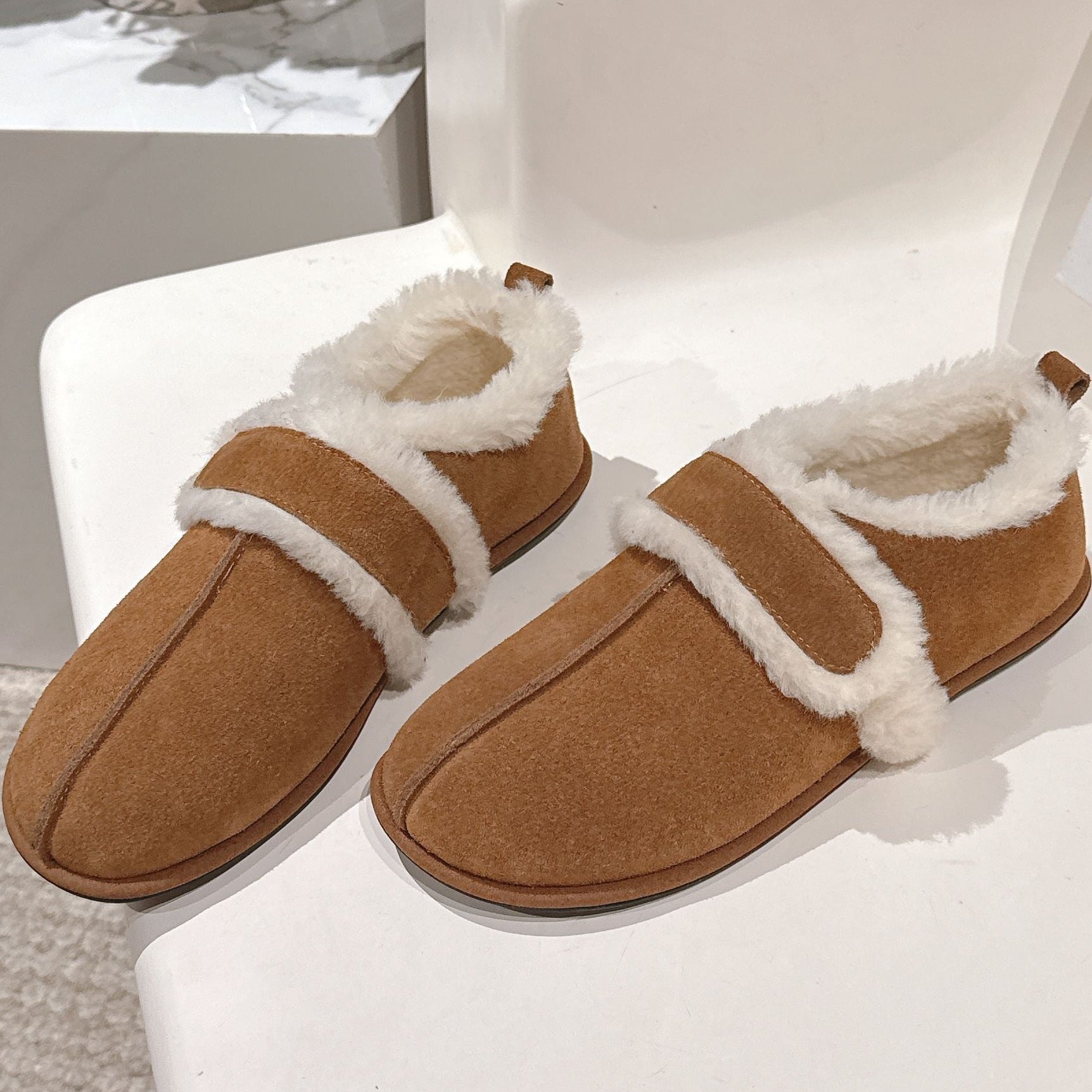 The Row 2025 Furry Shoe Light Brown White Suede Wool 560590