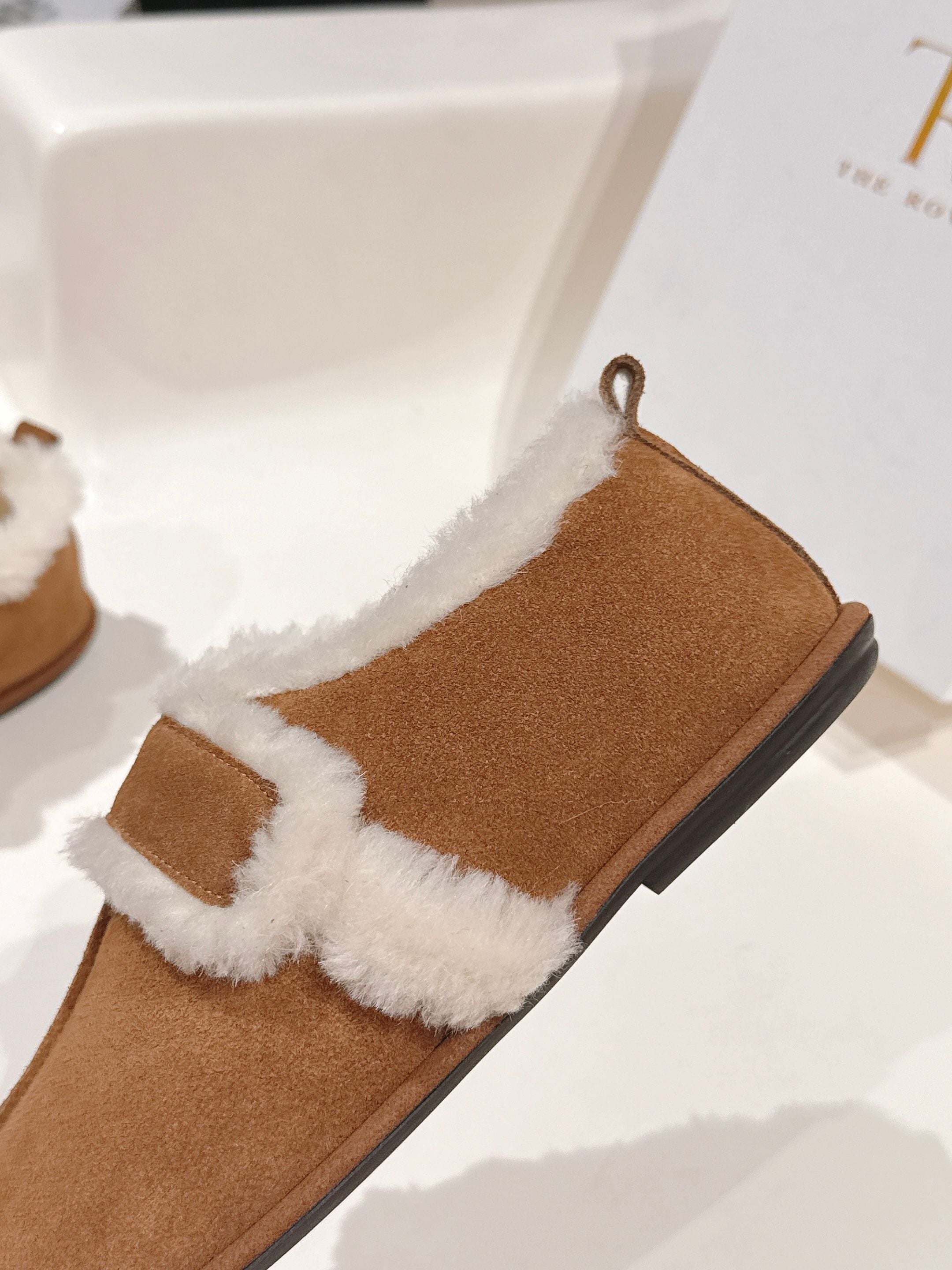 The Row 2025 Furry Shoe Light Brown White Suede Wool 560590