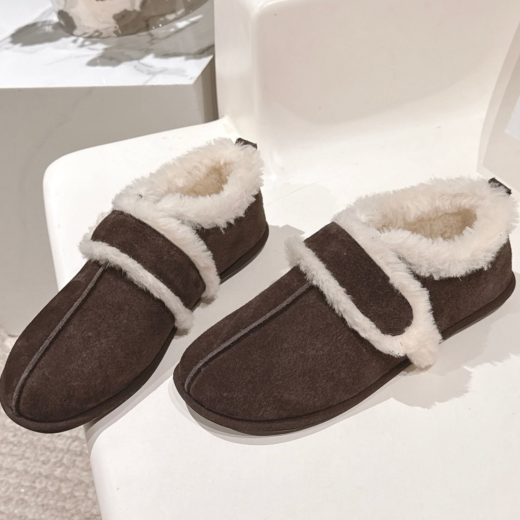 The Row 2025 Furry Shoe Dark Brown White Suede Wool 560591
