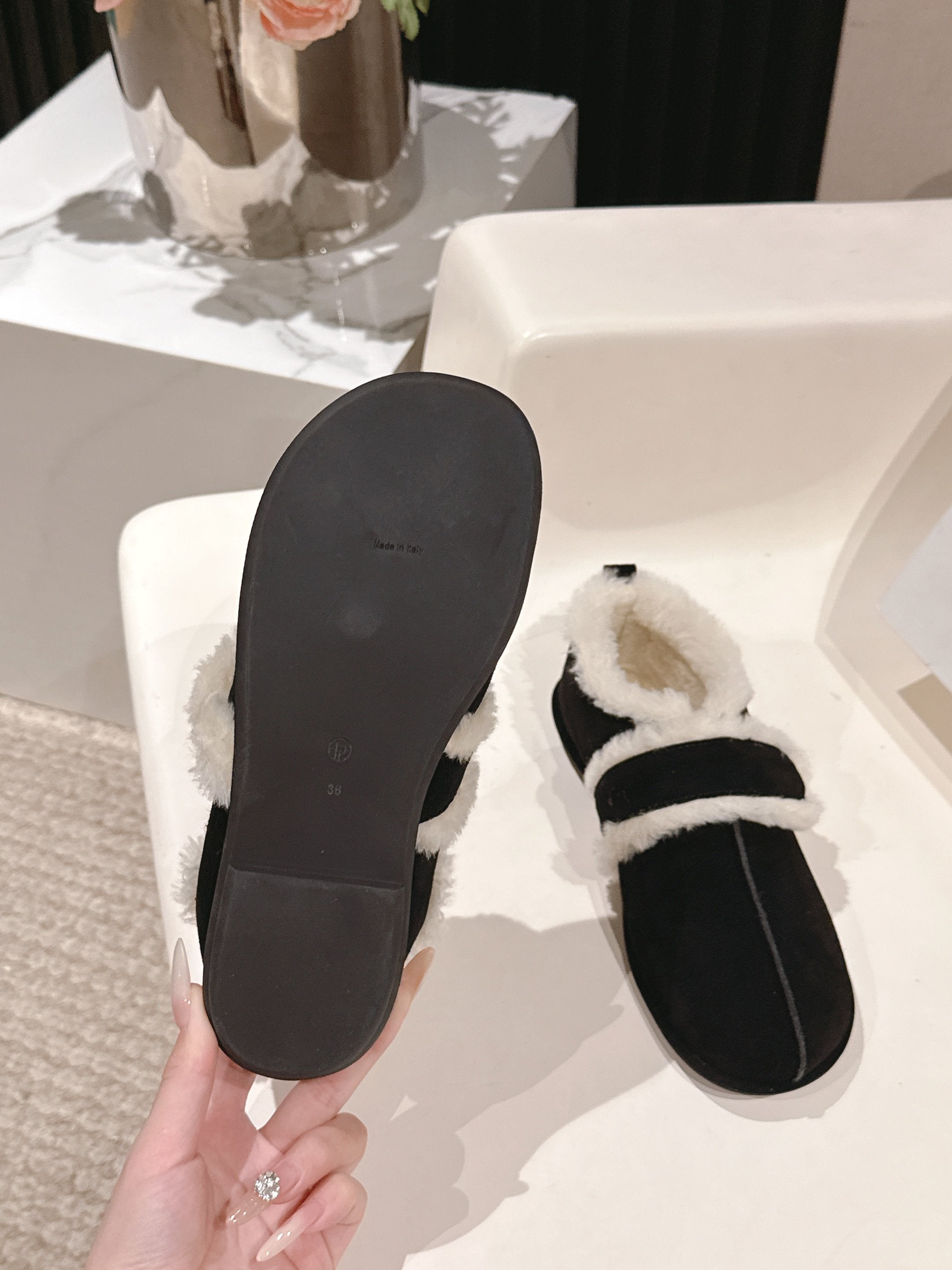 The Row 2025 Furry Shoe Black White Suede Wool 560592