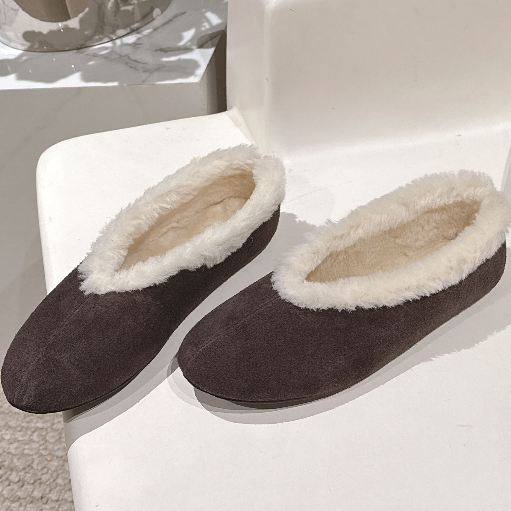 The Row 2025 Fur-lined Flat Shoe Dark Brown mix White Suede Wool 560506
