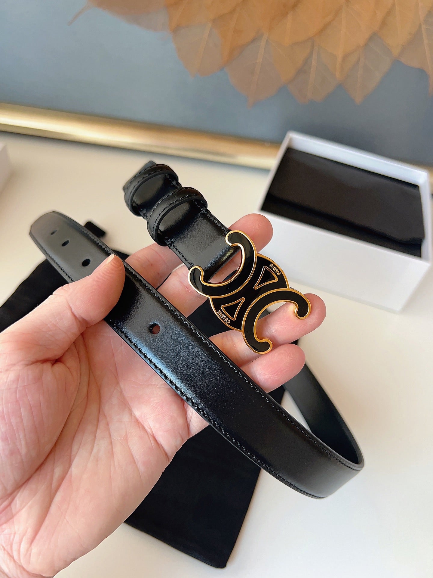 CL Black 25mm Triomphe Enamel Belt Black Cowhide 616414