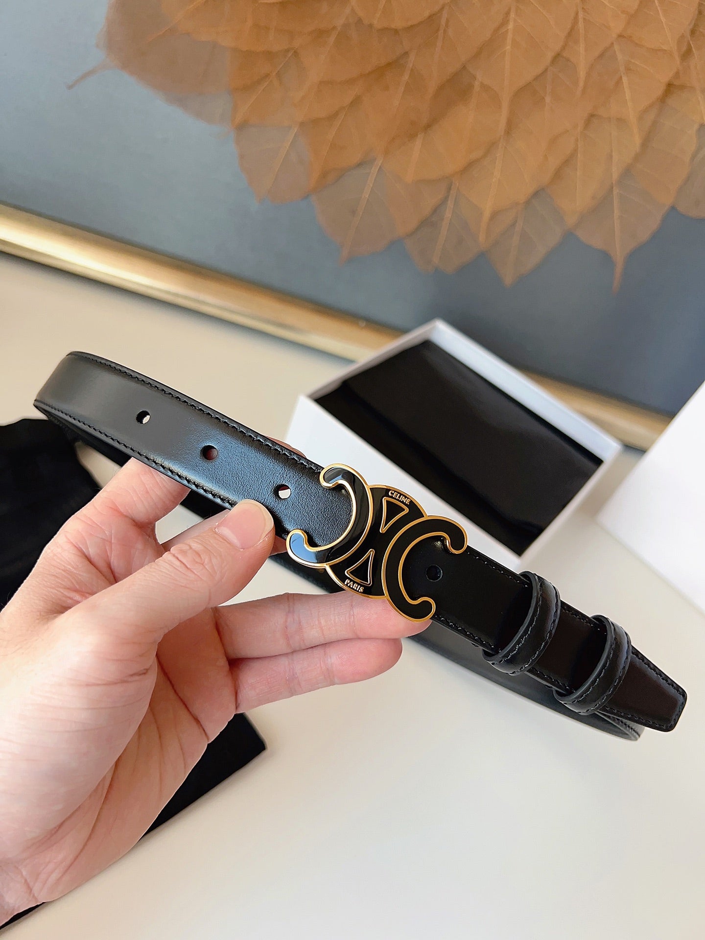 CL Black 25mm Triomphe Enamel Belt Black Cowhide 616414