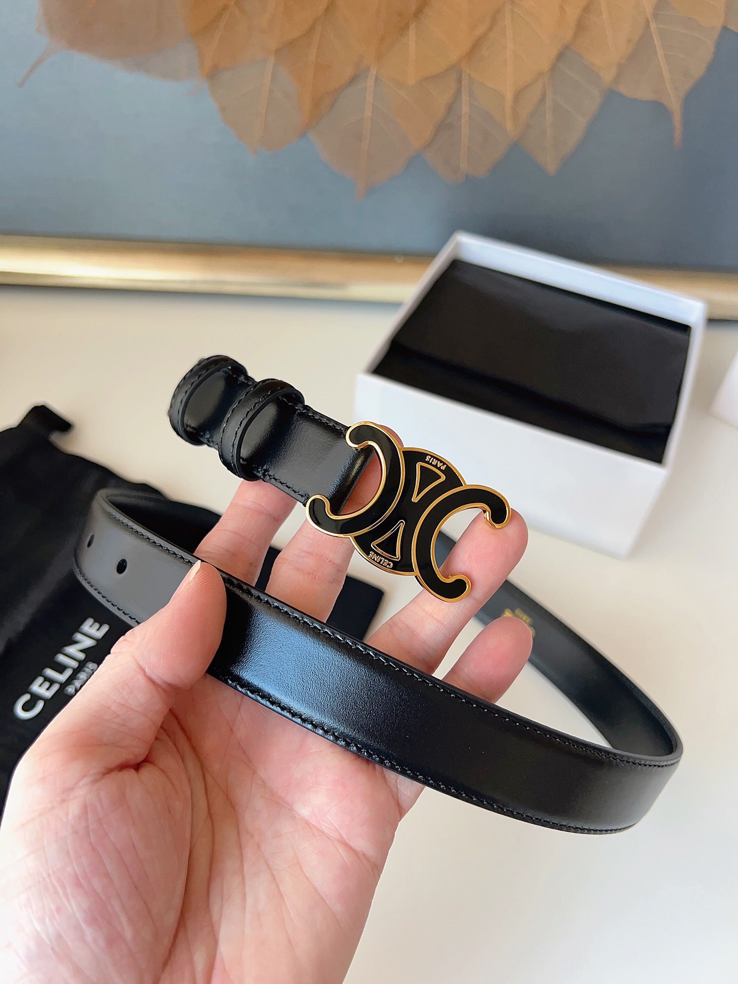 CL Black 25mm Triomphe Enamel Belt Black Cowhide 616414