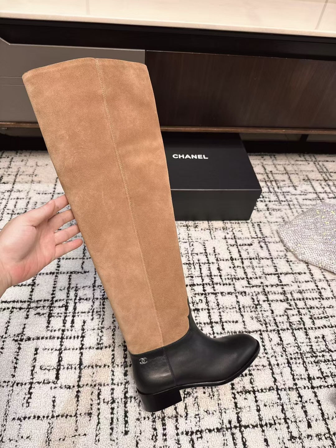 Chanel 25A Winter New Thigh Boots Black Brown Cowhide Mix Suede 393521