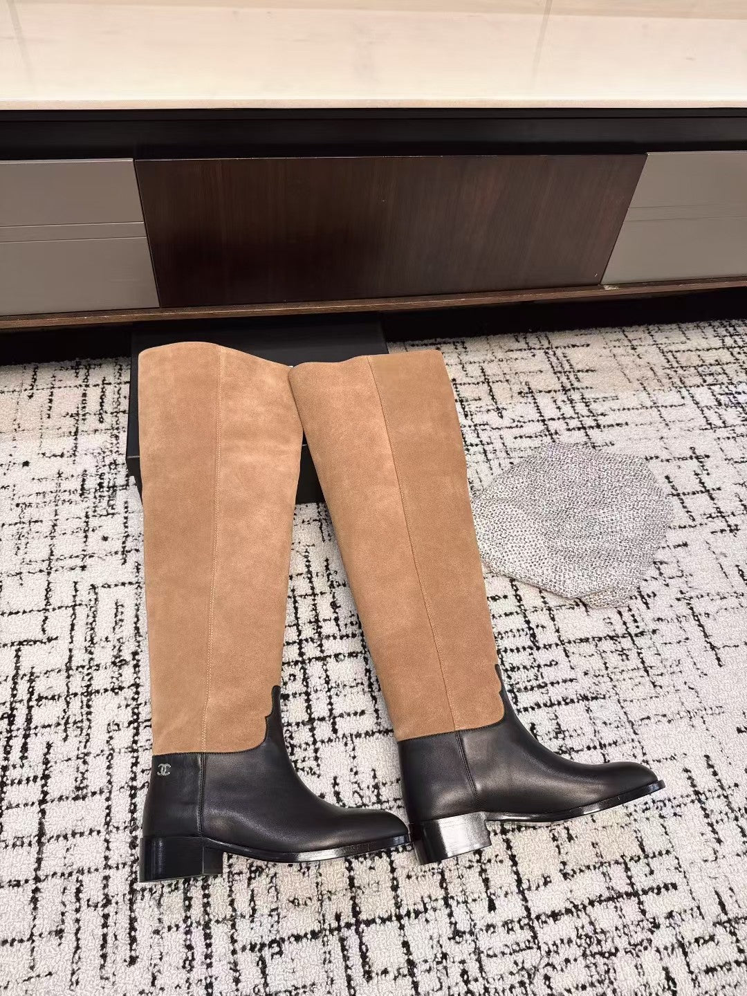 Chanel 25A Winter New Thigh Boots Black Brown Cowhide Mix Suede 393521