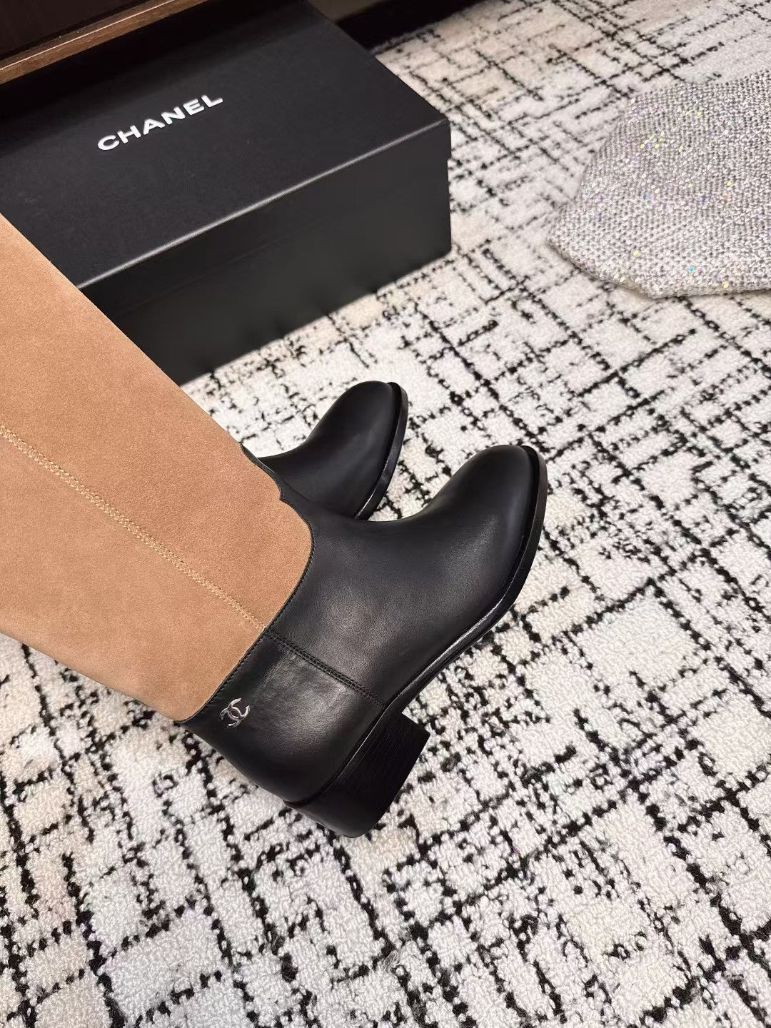 Chanel 25A Winter New Thigh Boots Black Brown Cowhide Mix Suede 393521