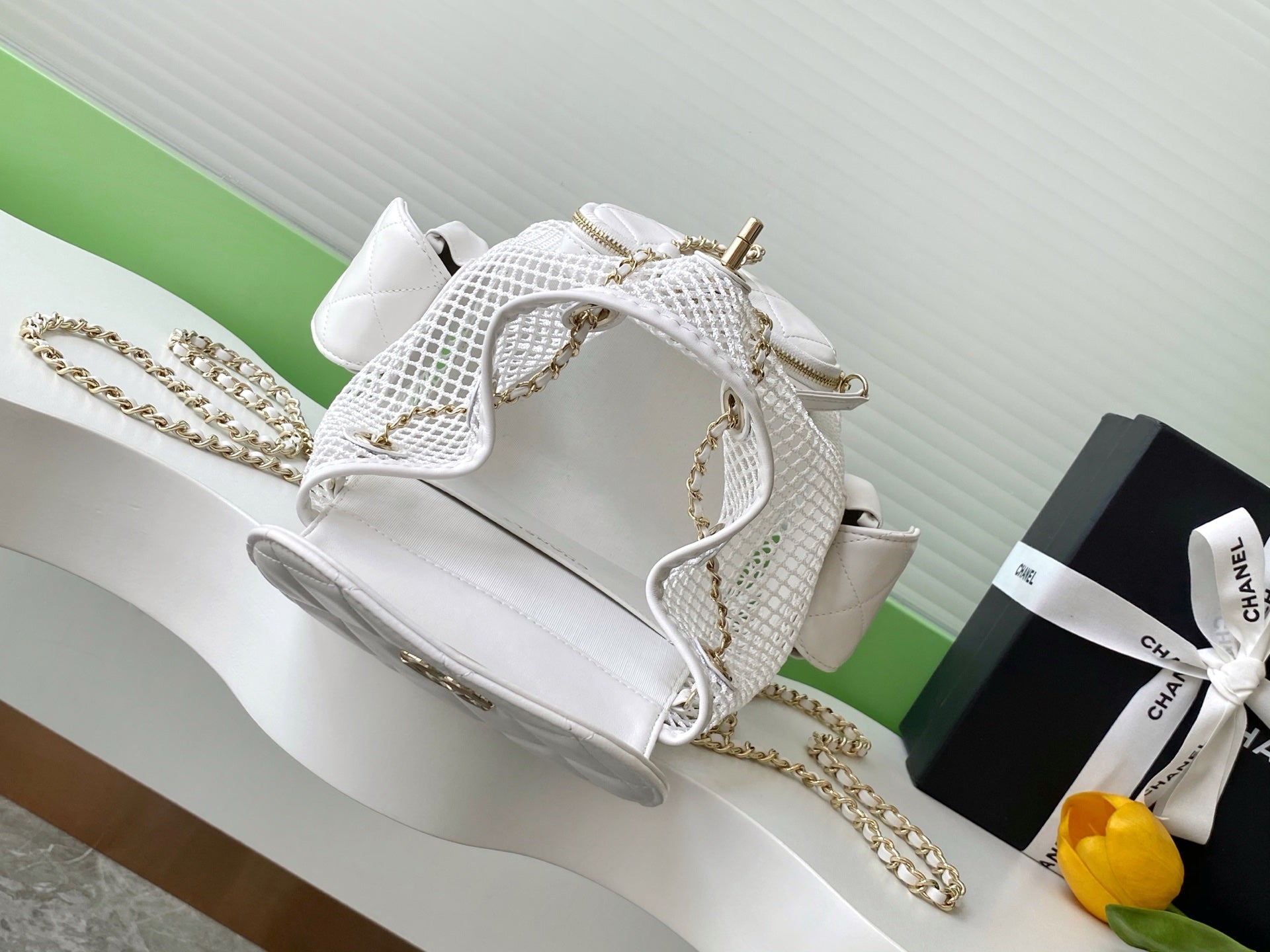 cc 25S Backpack 25cm White Mesh Calfskin