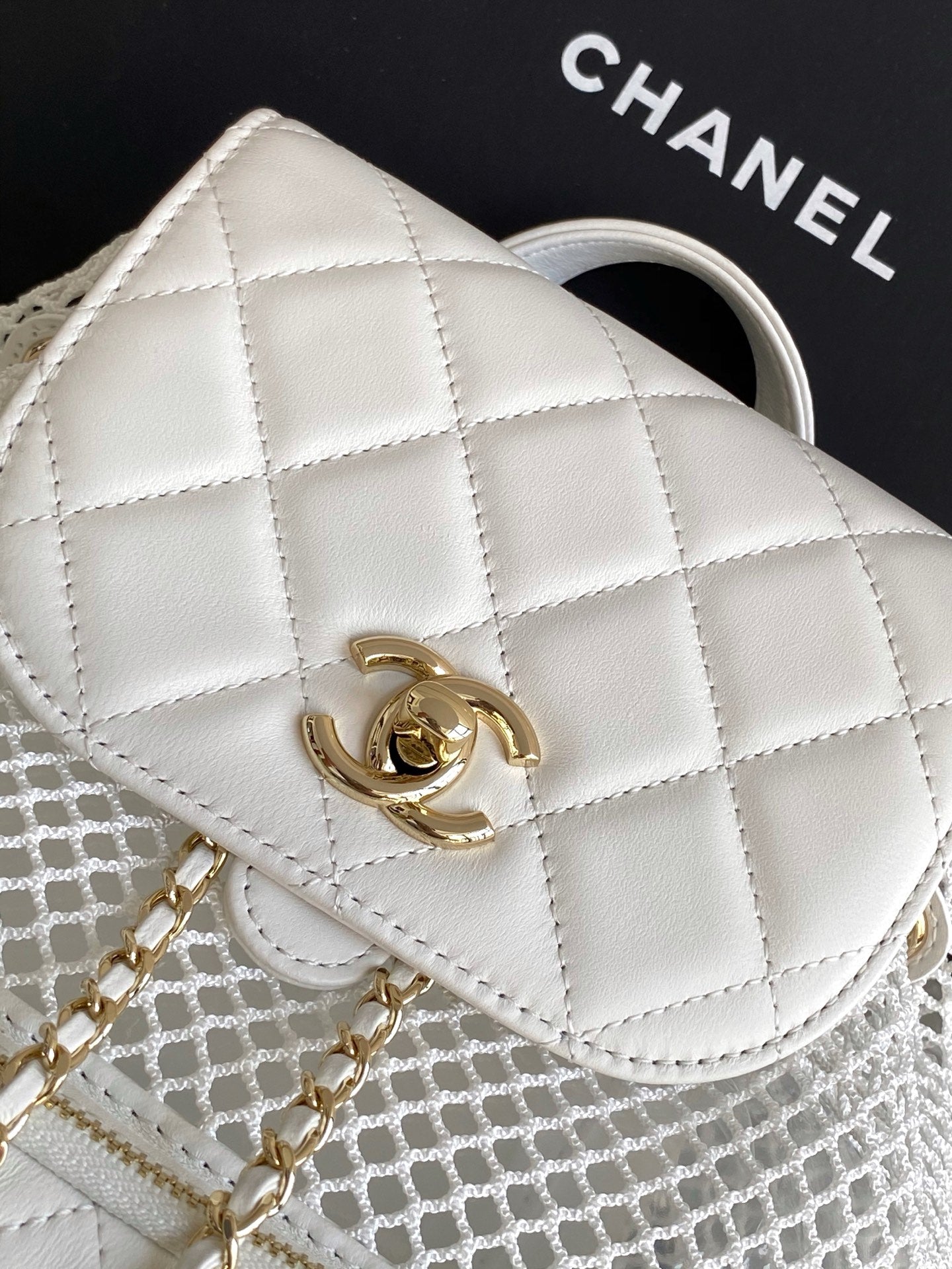 cc 25S Backpack 25cm White Mesh Calfskin