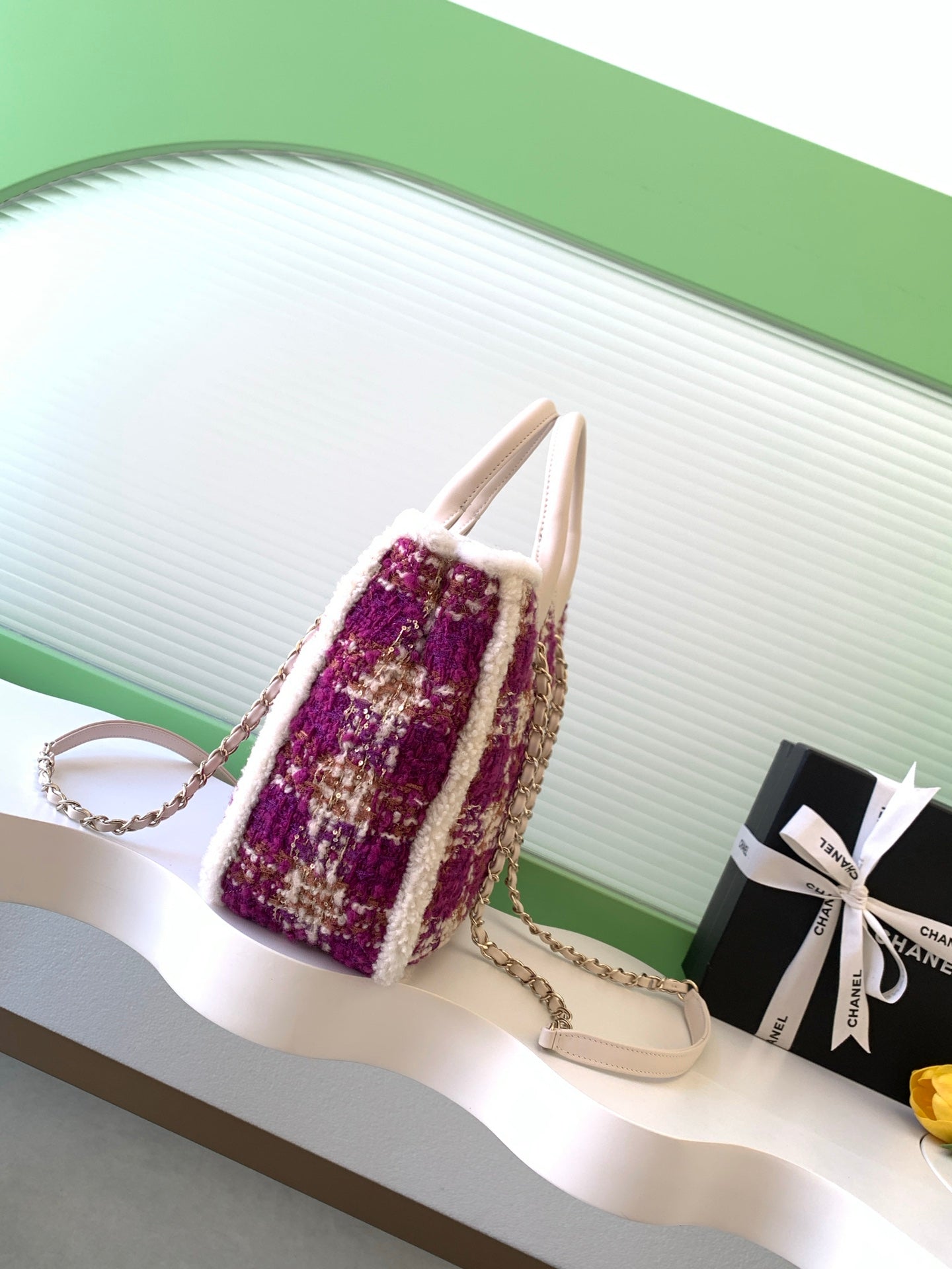 CC 2025 Bag Pink White Tweed Fabric Leather