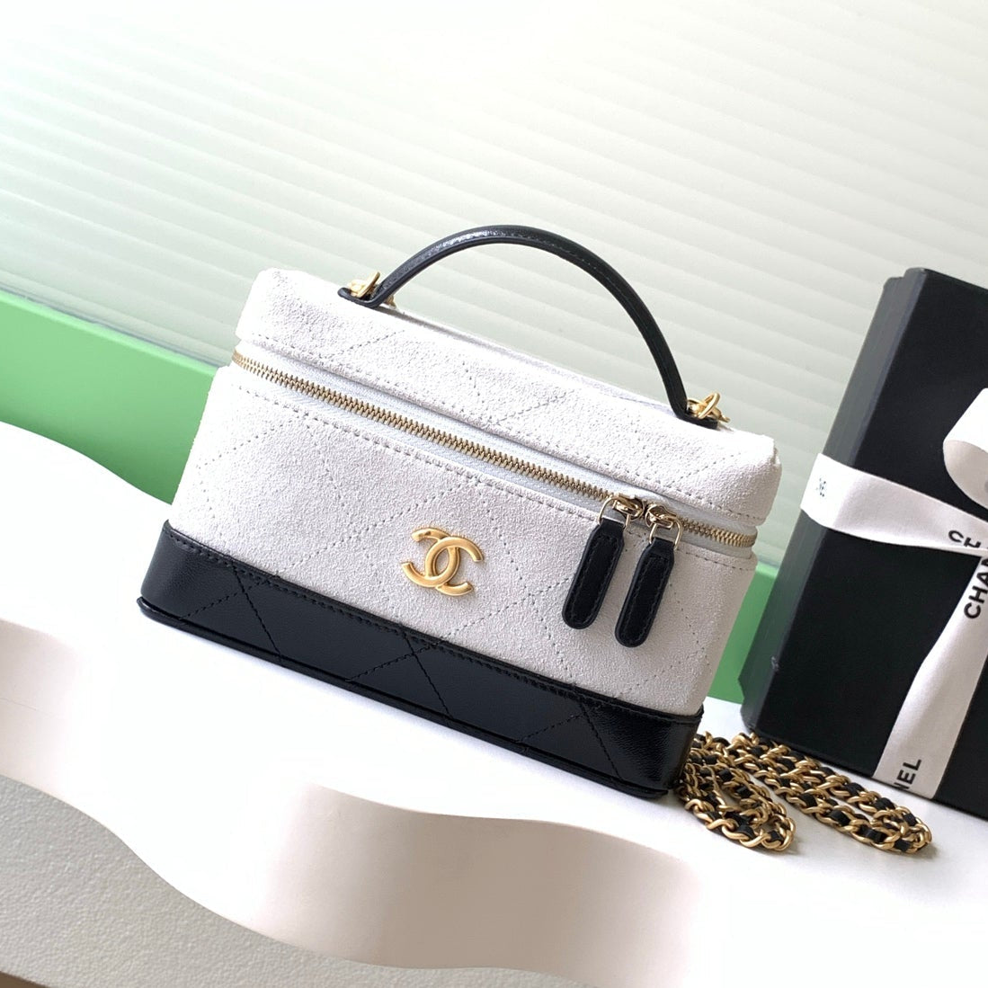 Chanel 2026 Vanity With Chain 19.5cm White Black Suede Lambskin 348254
