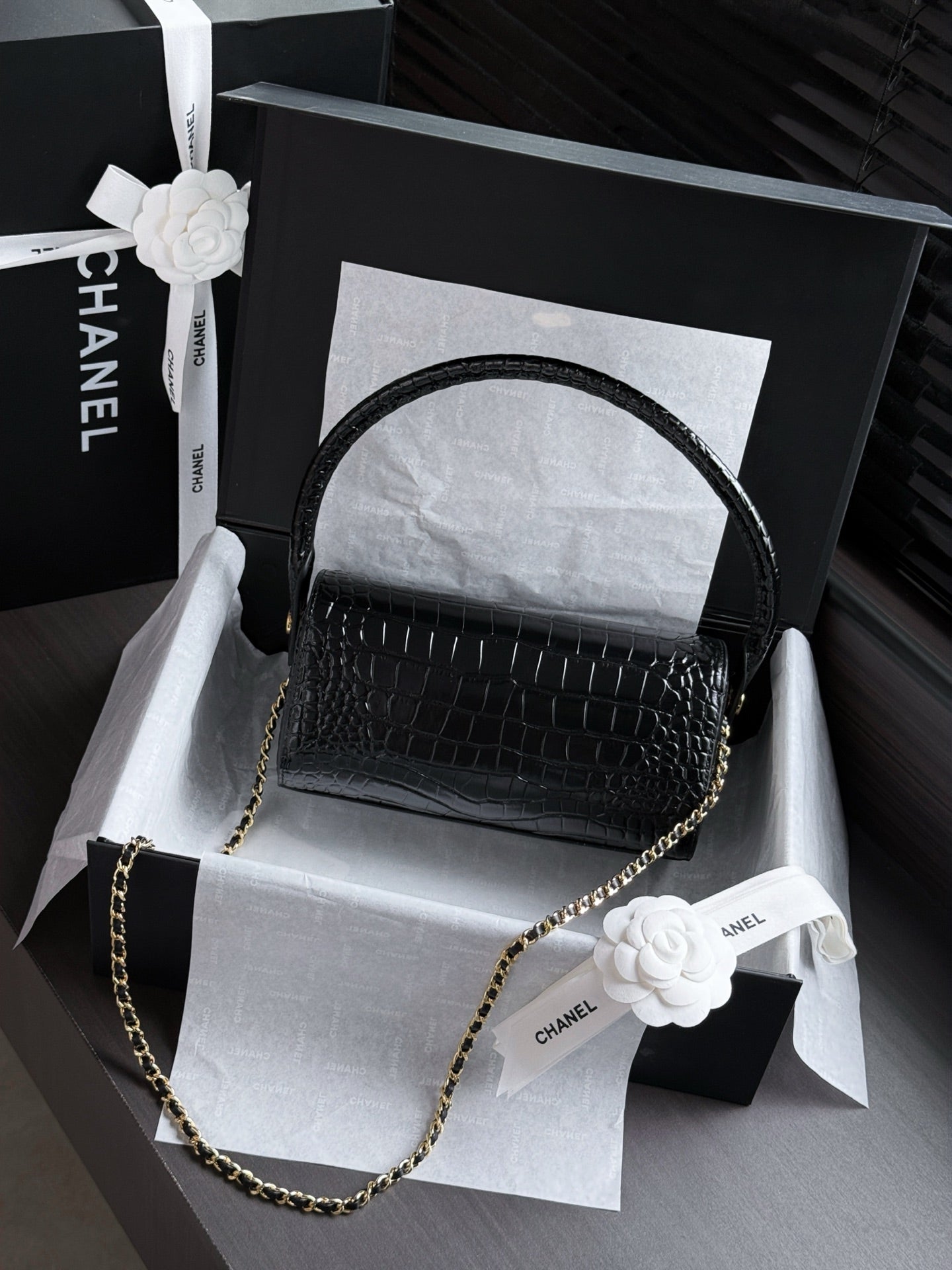 Chanel 2026 Crocodile Embossed Bowling Bag 23cm Calfskin