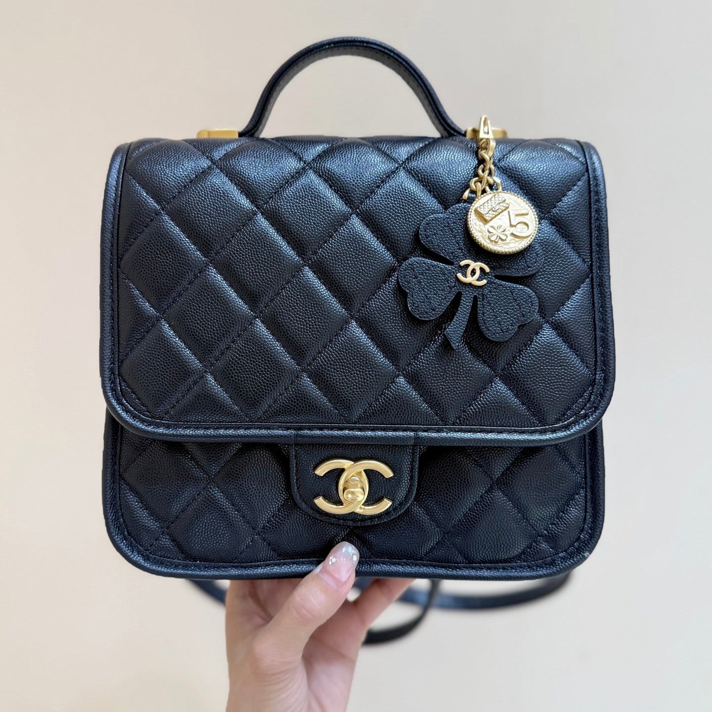Chanel 2025 Four-Leaf Clover Backpack  Black Gold Caviar Leather 342116