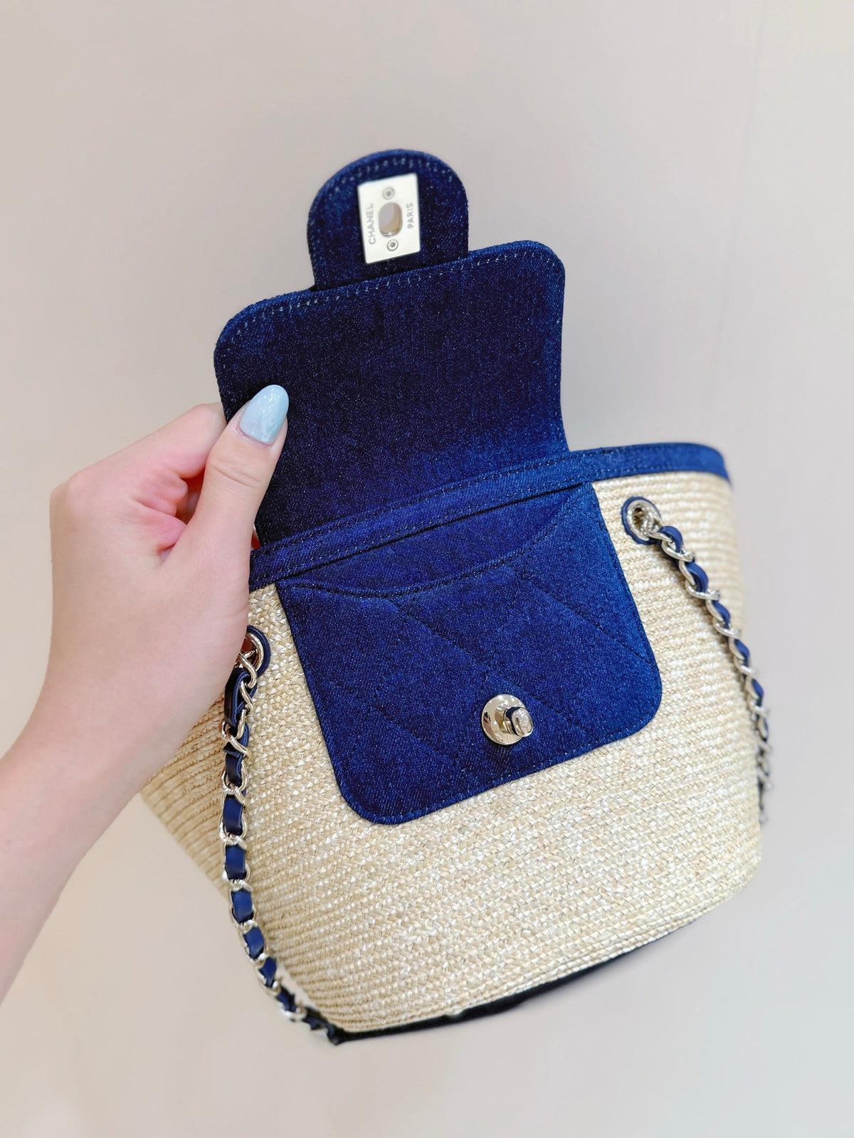 Chanel 2026 Shopping Bag 39cm Beige mix Blue Straw Denim