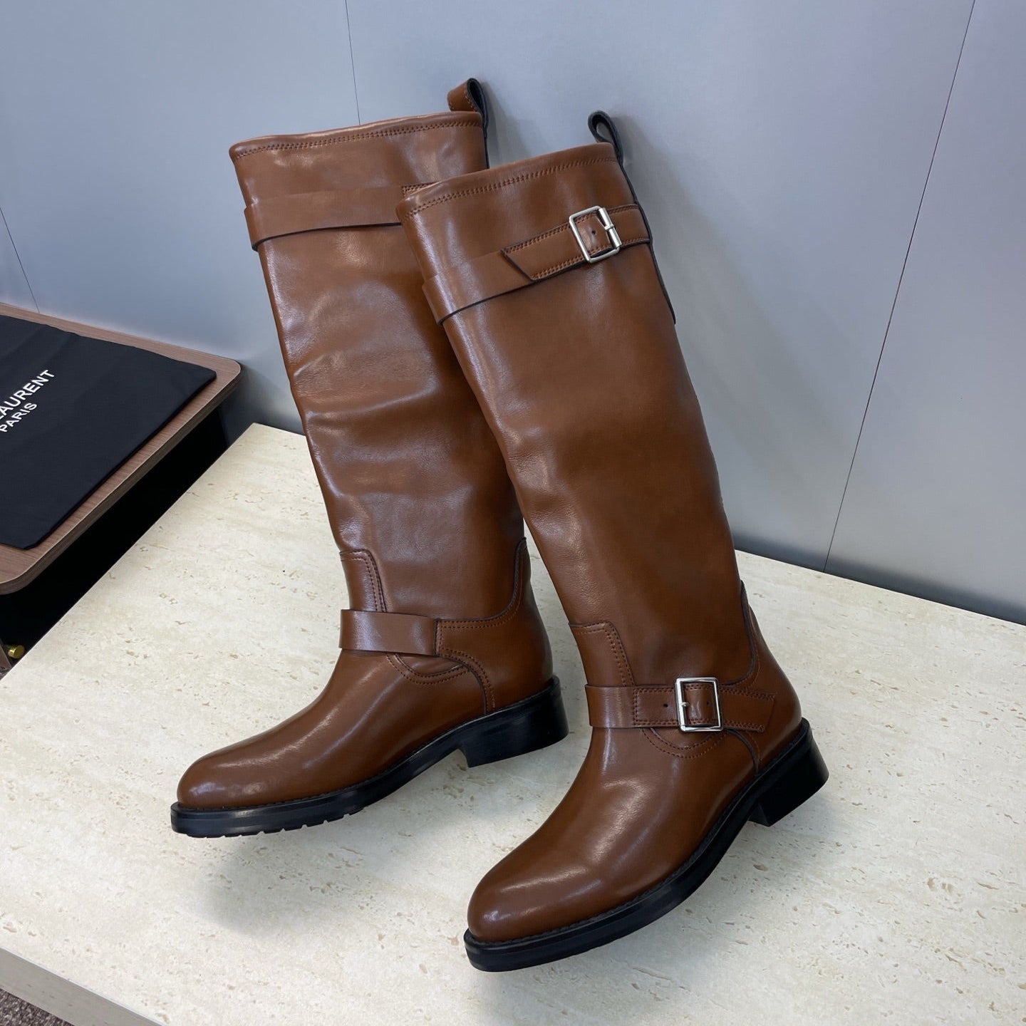 YSL 2025 Knee-High Boot Brown Calfskin 574006