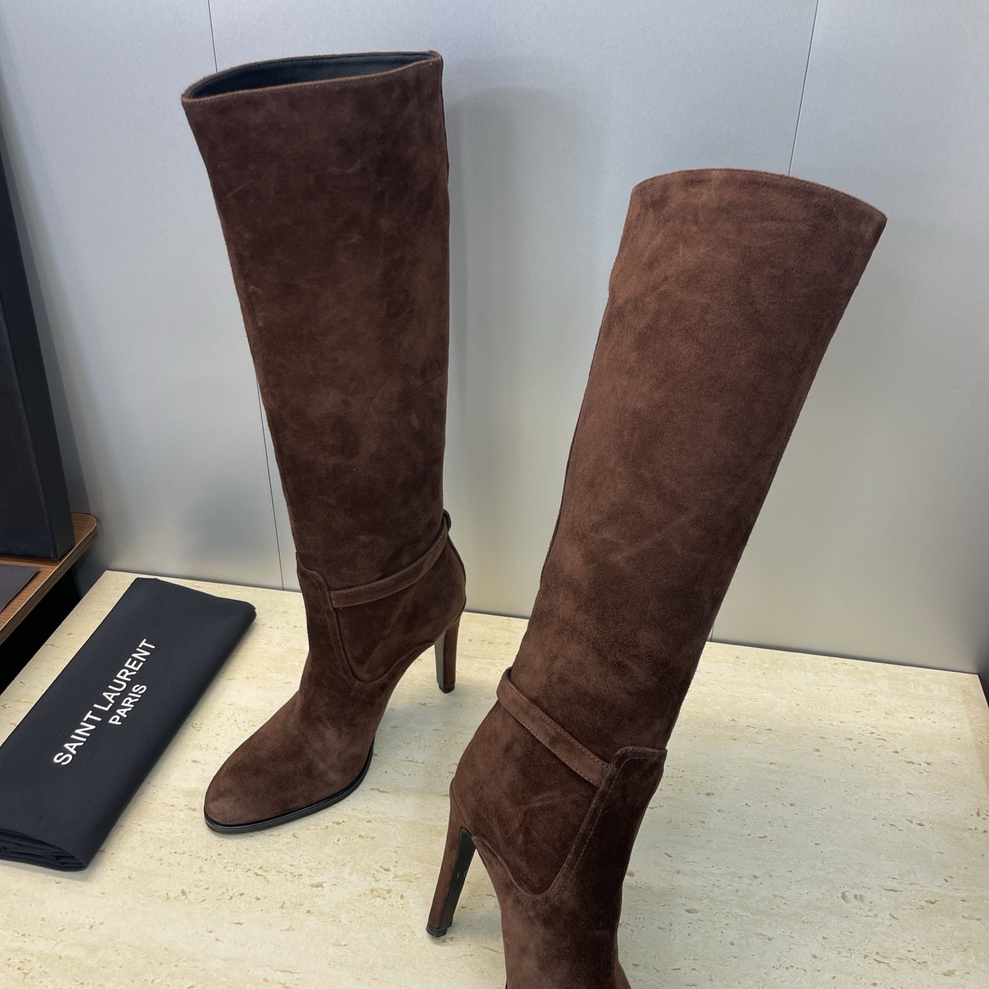 YSL 2025  High-Heeled Pointed-Toe Knee-High Rider Boot Brown Suede 574020