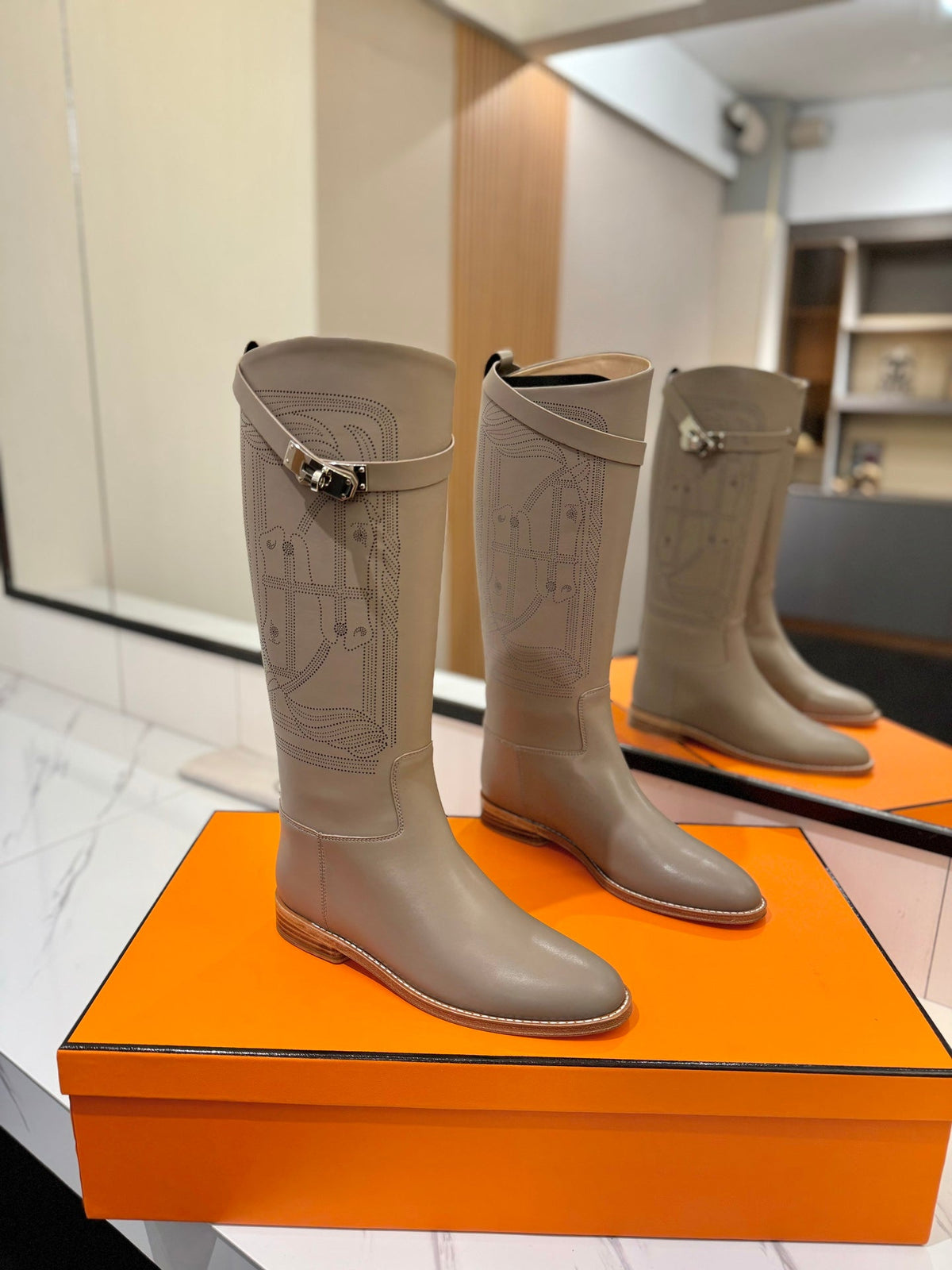 HM Jumping Boot 20MM Grey Beige Printed Pattern Cowhide 992360