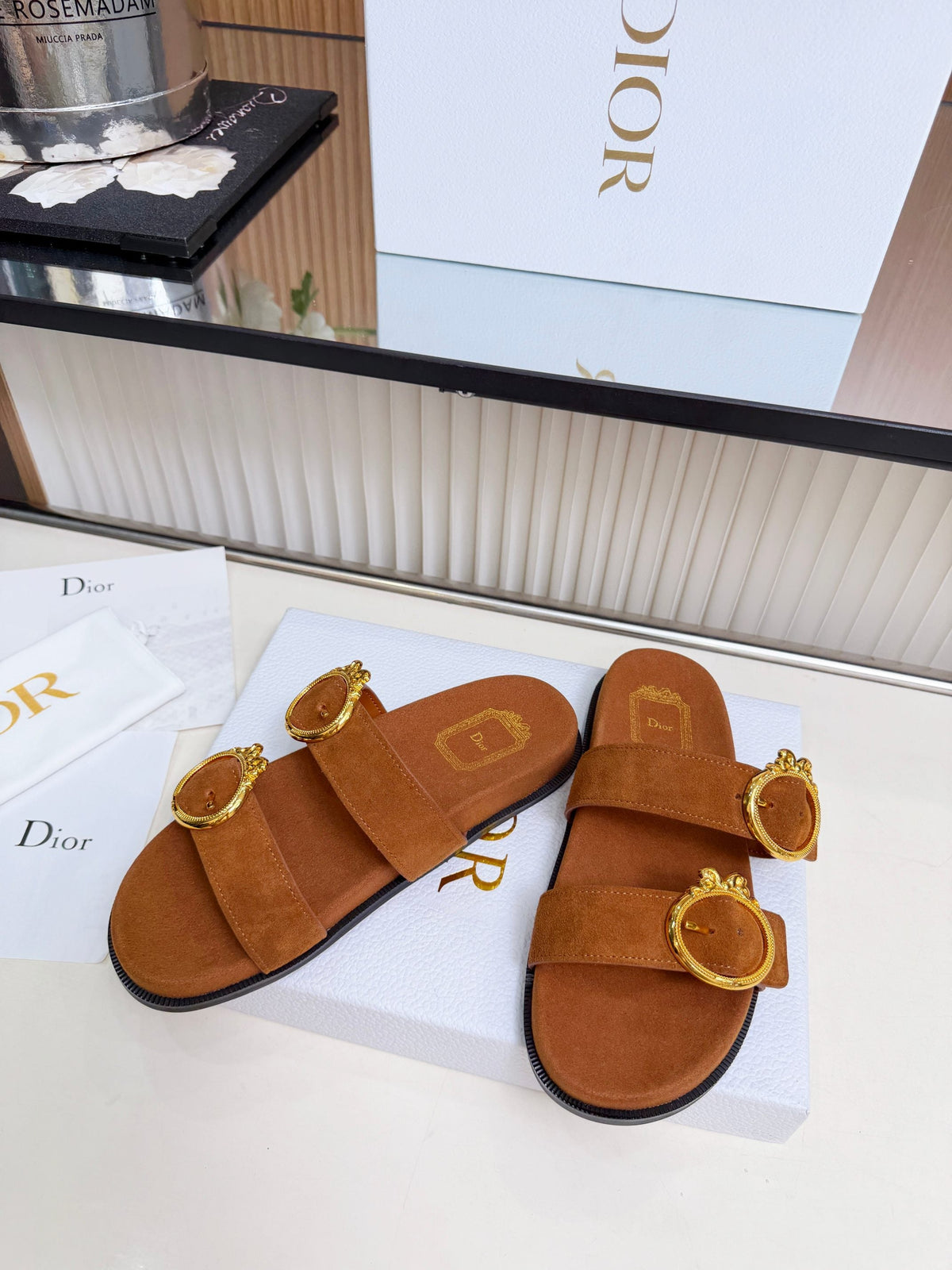 Dior 2026 Medaillon Buckle Slide Brown Suede 981761