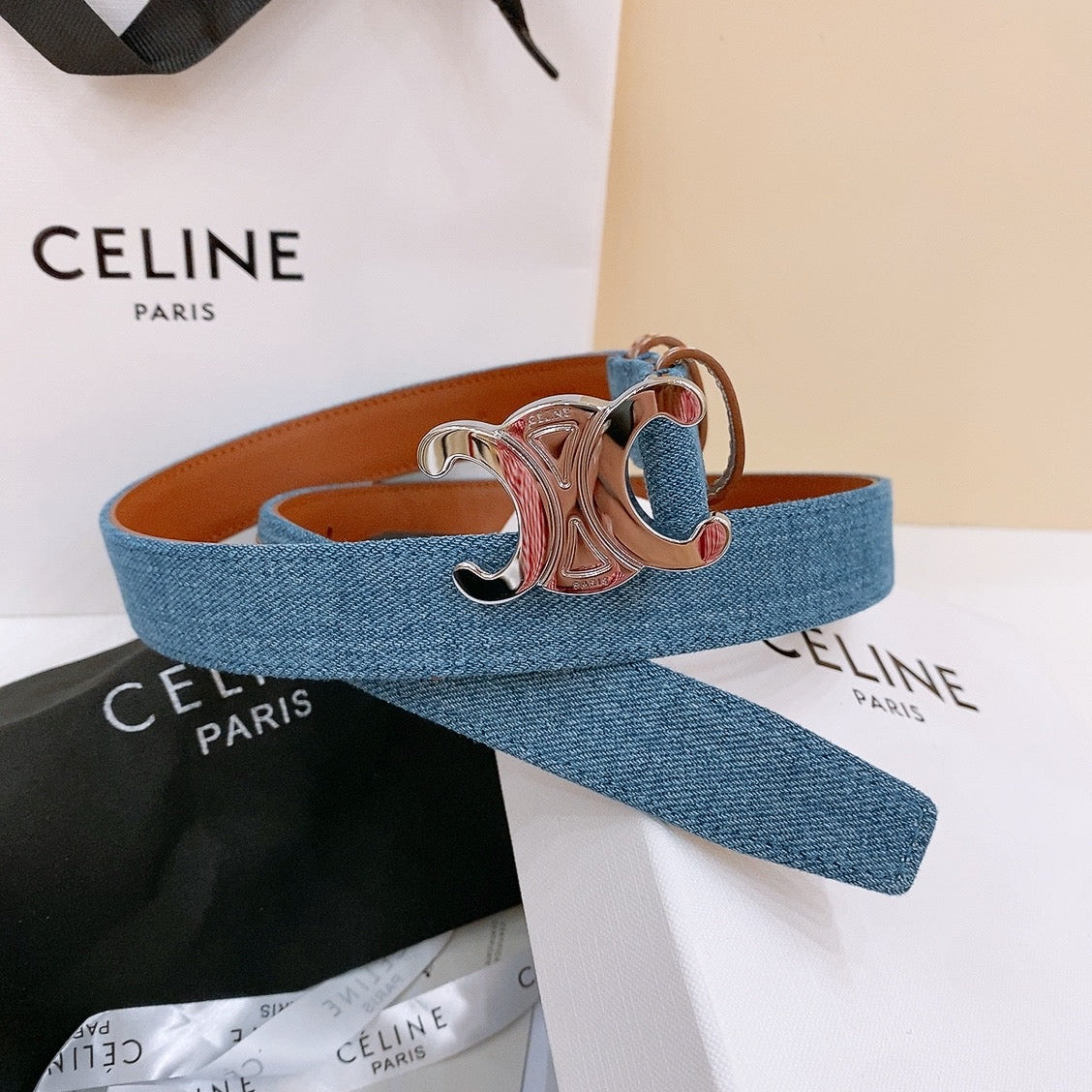 CL Sliver 25mm Triomphe Enamel Blue Brown Denim Calfskin 558354