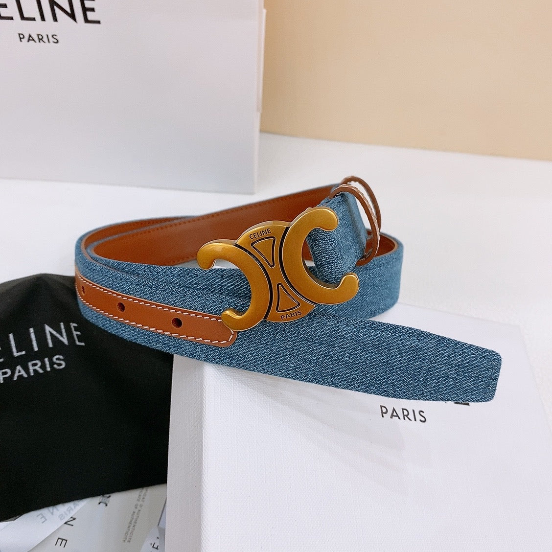 CL Gold Black 25mm Triomphe Enamel Blue Brown Denim Calfskin 558355
