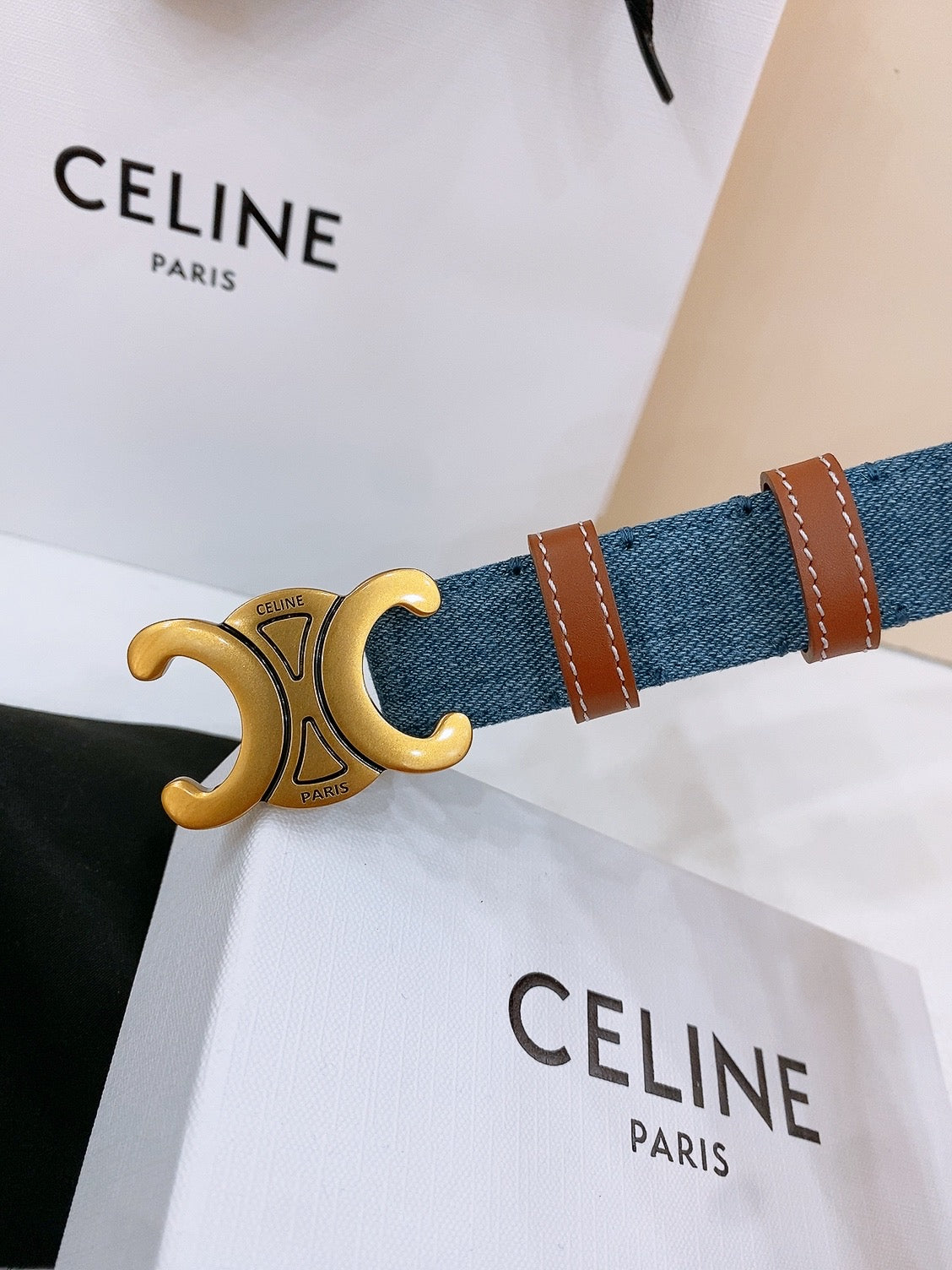 CL Gold Black 25mm Triomphe Enamel Blue Brown Denim Calfskin 558355