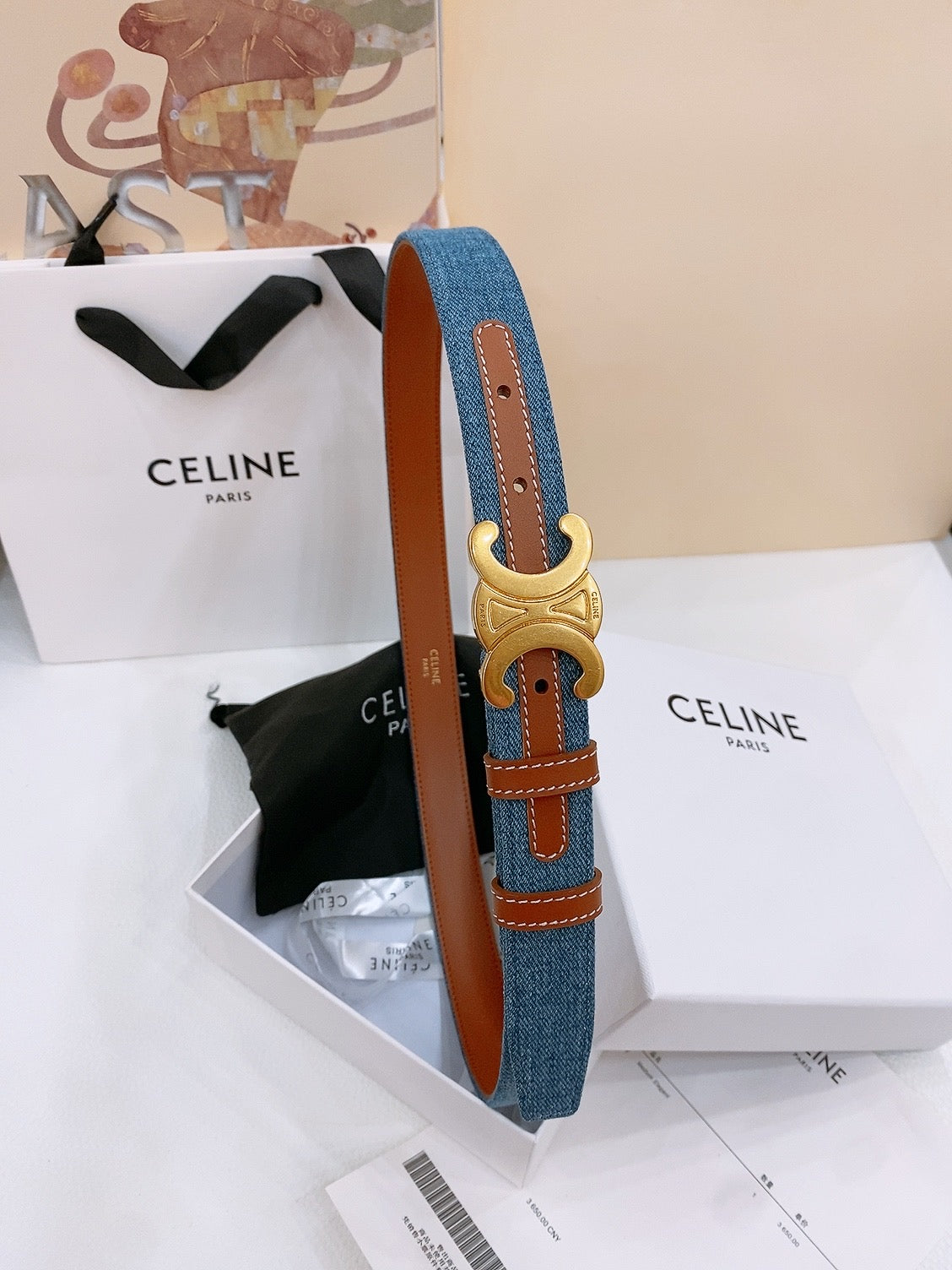 CL Gold 25mm Triomphe Enamel Blue Brown Denim Calfskin 558357