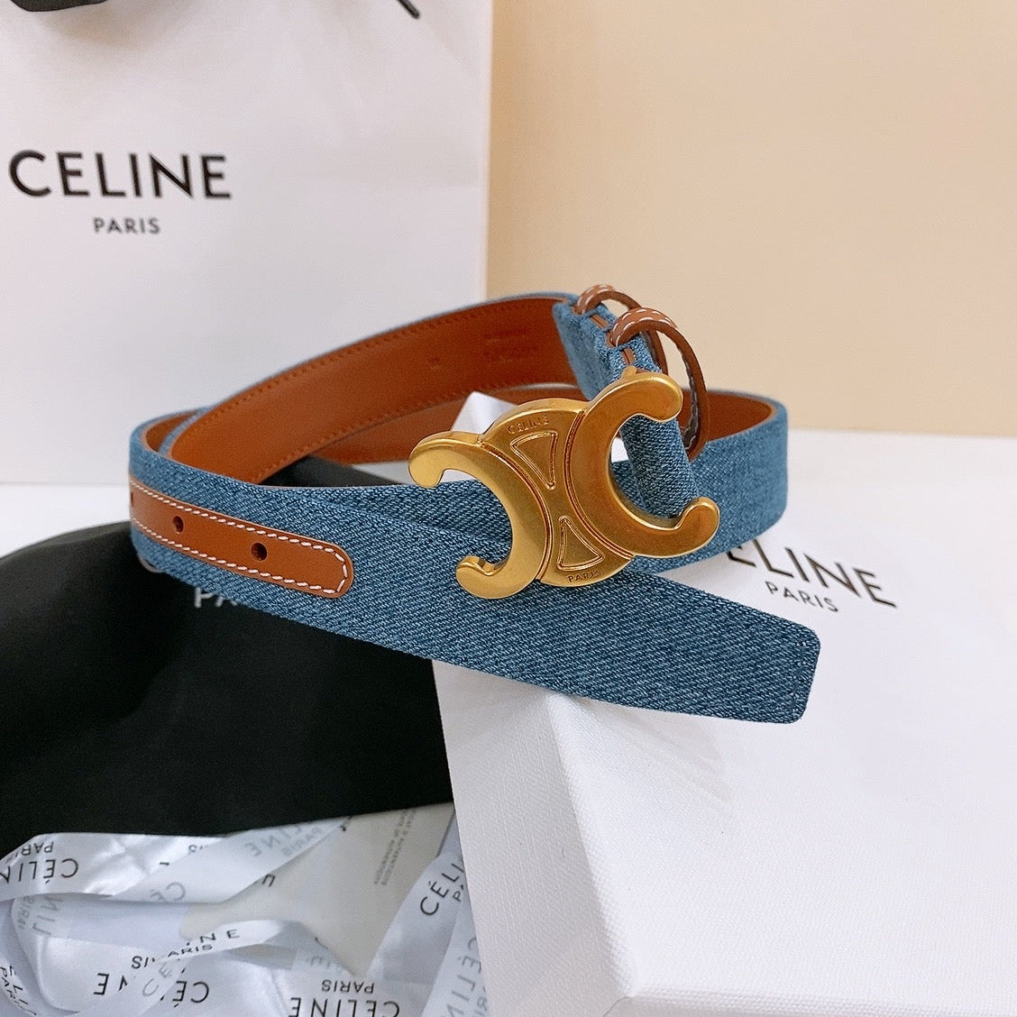 CL Gold 25mm Triomphe Enamel Blue Brown Denim Calfskin 558357