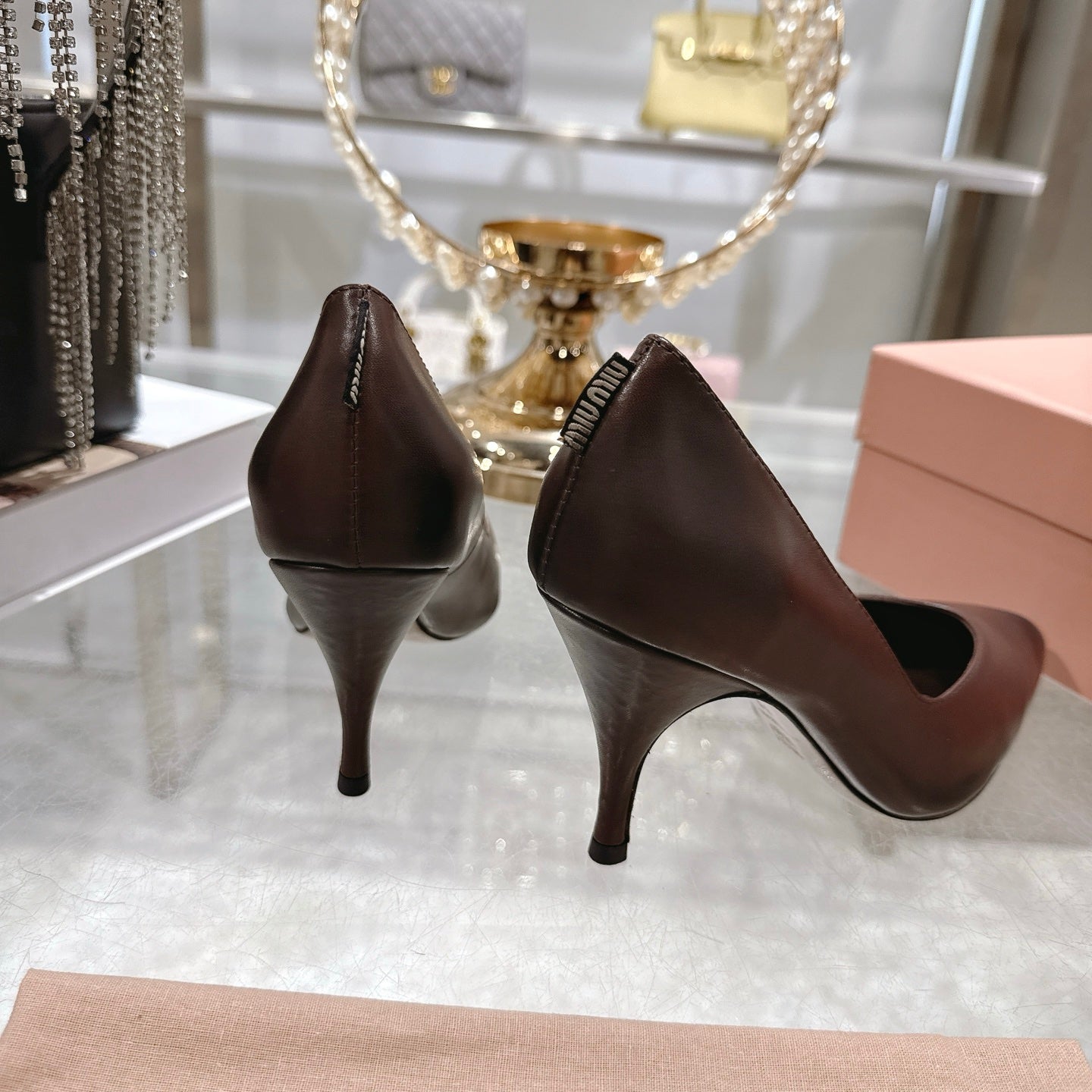 Miu High Heel Pumps Chocolate Brown Sheepskin 592080
