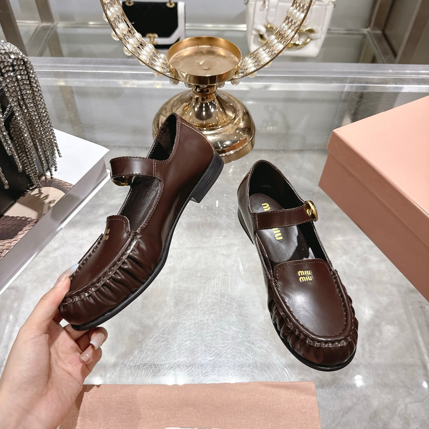 Miu Mary Jane Ballet Flats Brown Calfskin 592044