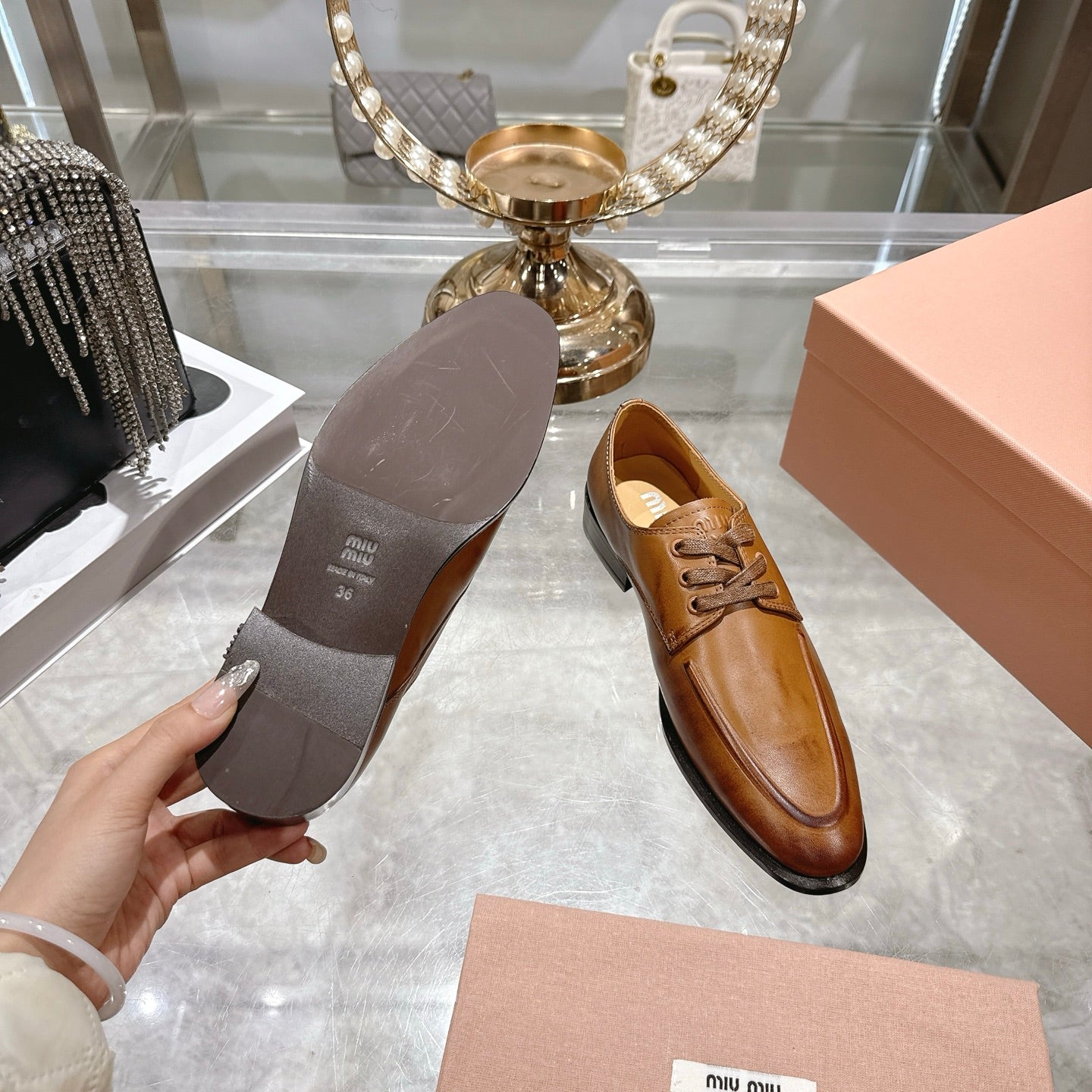 Miu Distressed Loafers Camel Brown Cowhide 592057