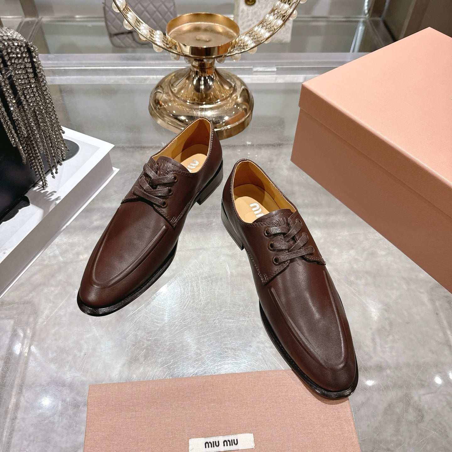 Miu Distressed Loafers  Brown Cowhide 592058