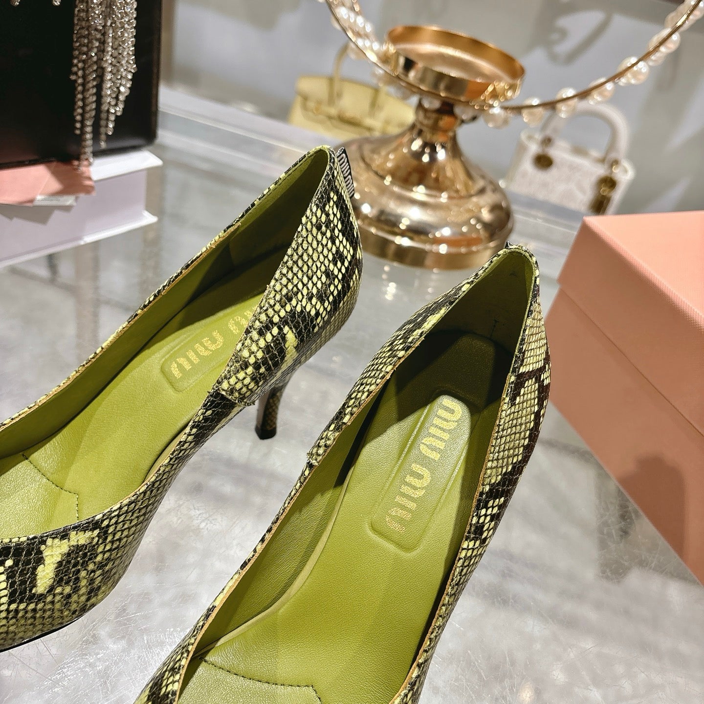 Miu High Heel Pumps Green Black Snakeskin 592073