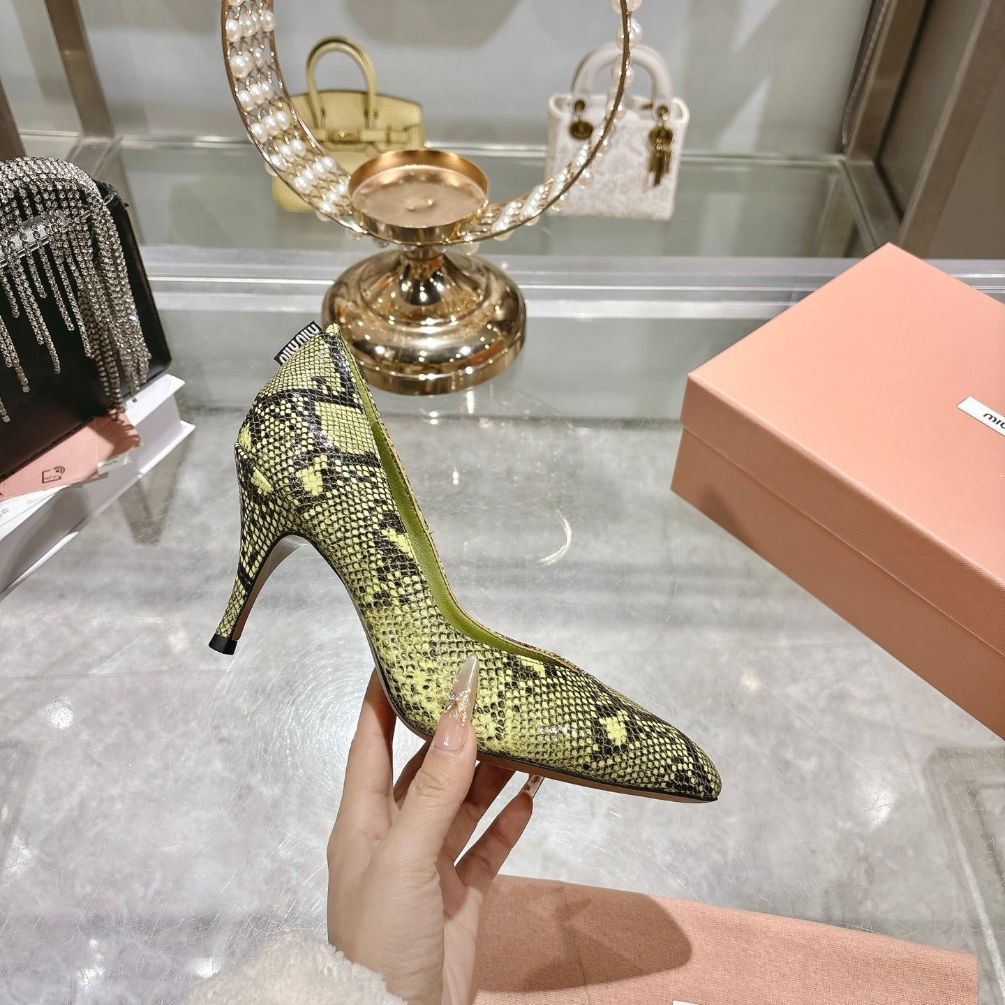 Miu High Heel Pumps Green Black Snakeskin 592073