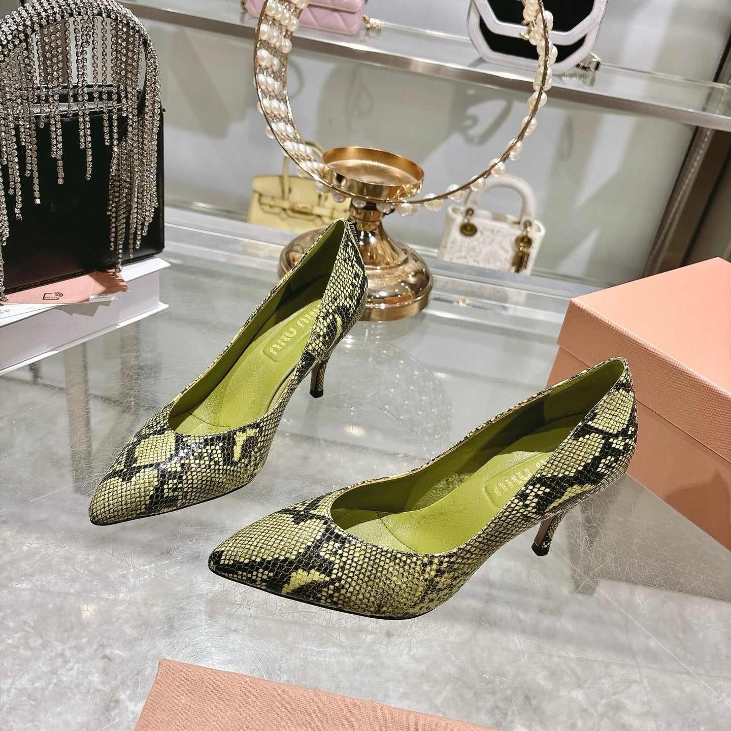 Miu High Heel Pumps Green Black Snakeskin 592073