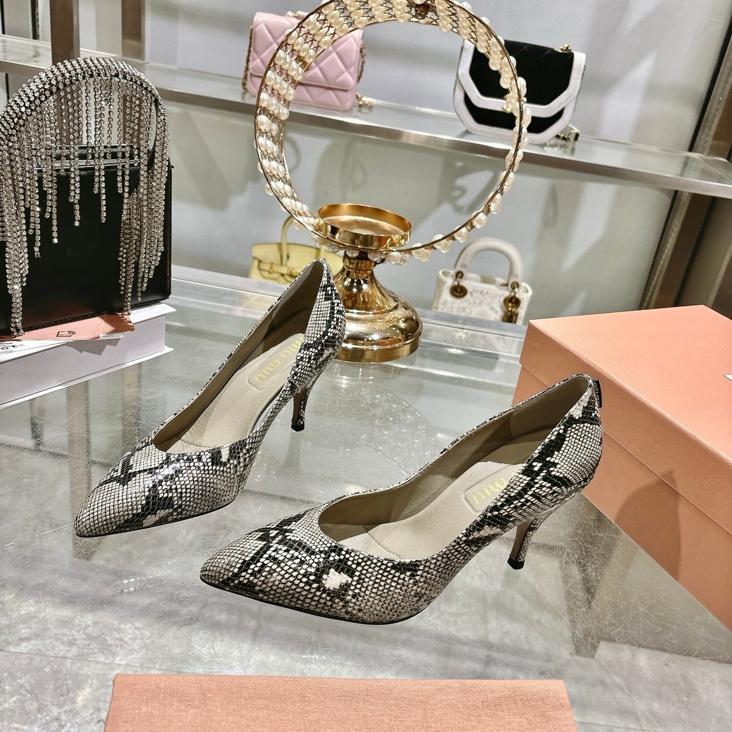 Miu High Heel Pumps Gray Black Snakeskin 592074