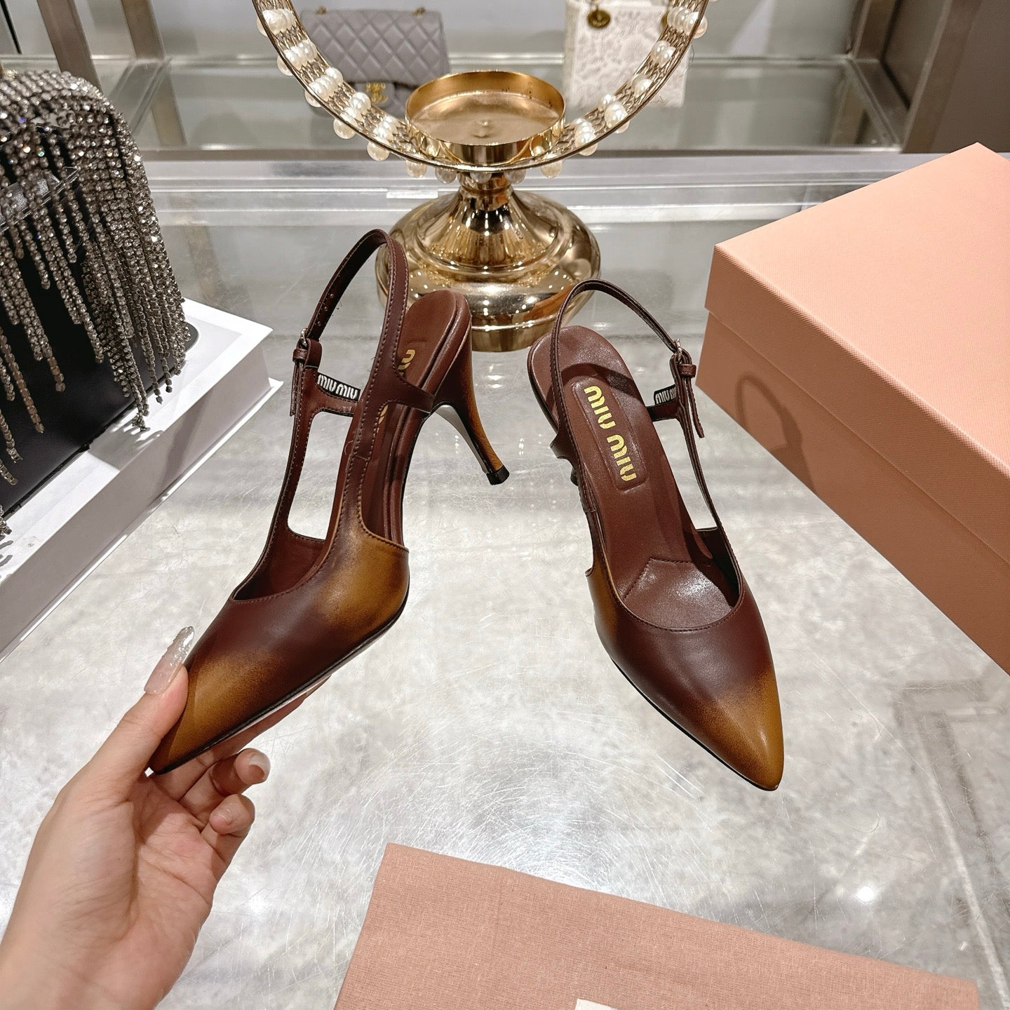 Miu 26 High Heel Slingback 75 Camel Brown Cowhide 592083