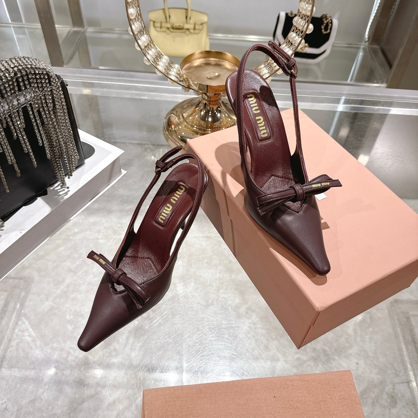 Miu 26 High Heel Slingback 80 Burgundy Leather 592098