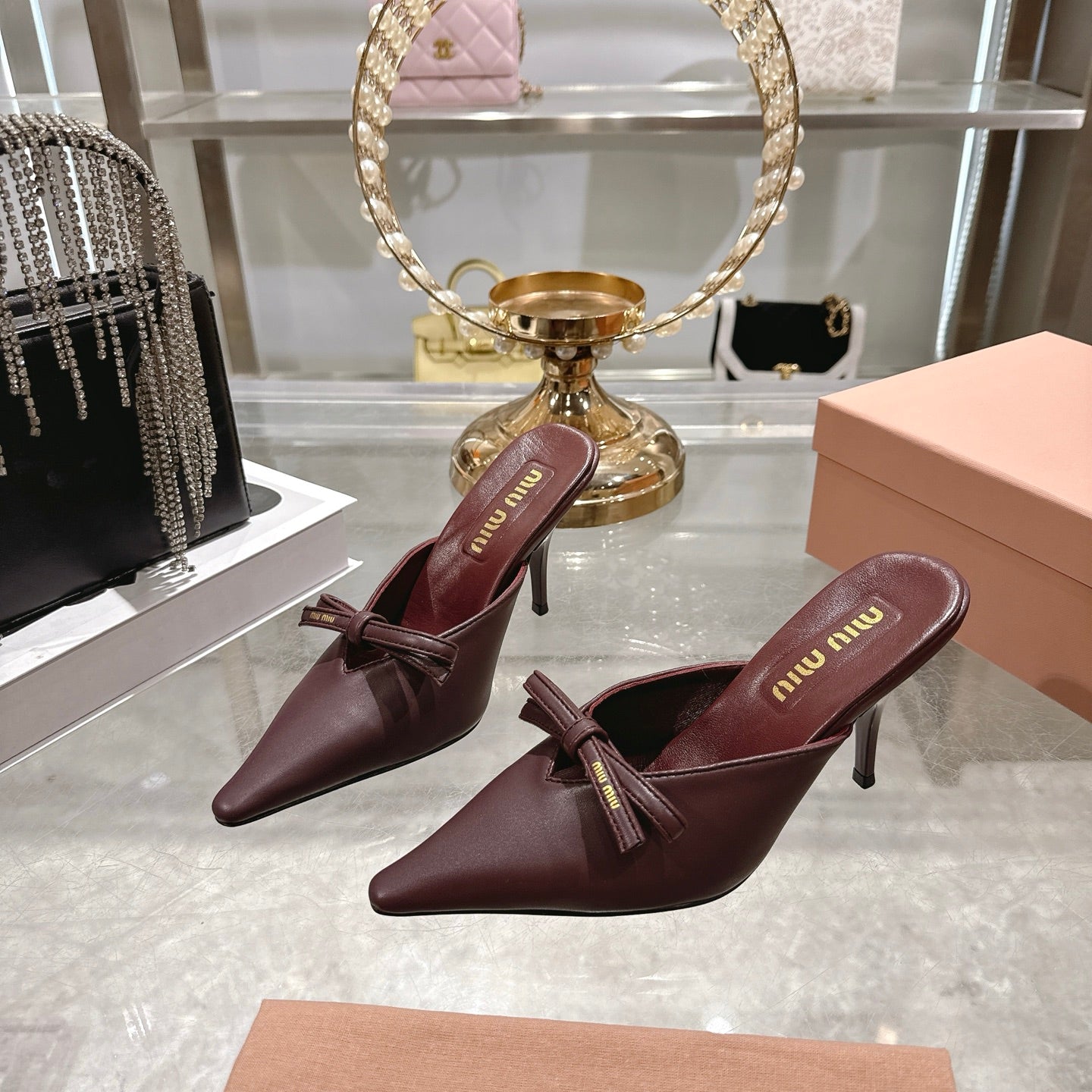 Miu 26 Pointed Toe High Heel Burgundy Sheepskin 592086