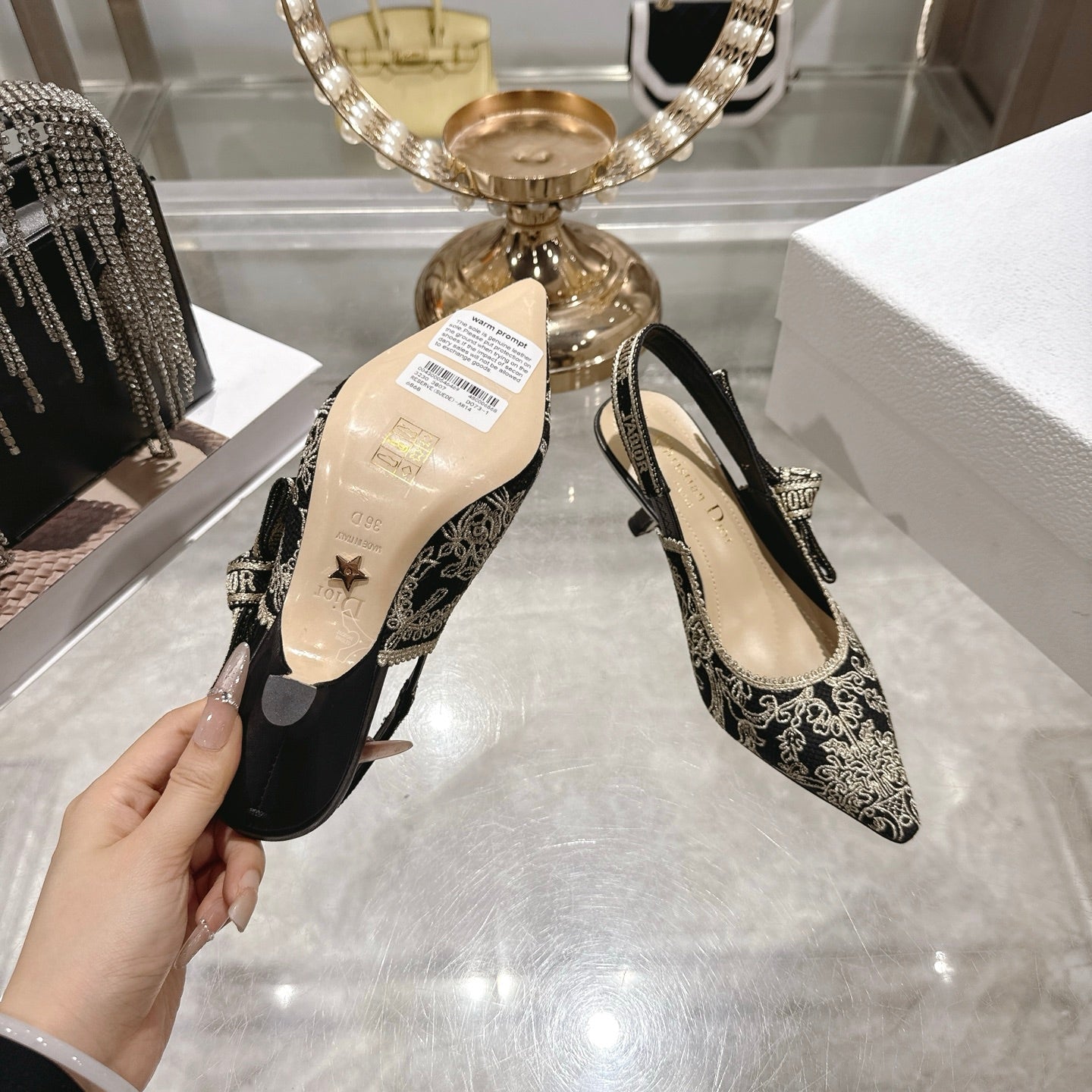 CD 26 Slingback Metallic Floral Embroidery 45mm Black Gold Tweed 592235