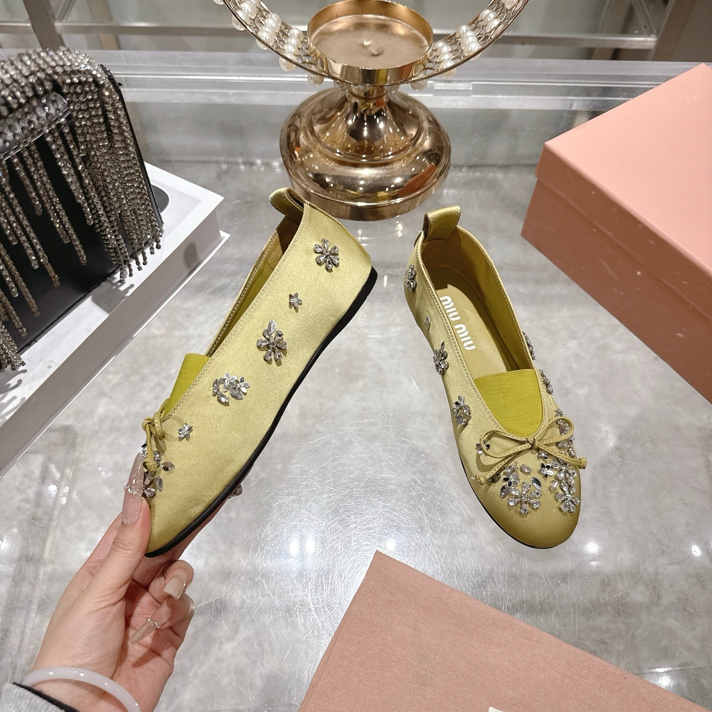Miu 26 Ballet Flats with Crystal Rhinestones Lemony Yellow Silk Satin 592103