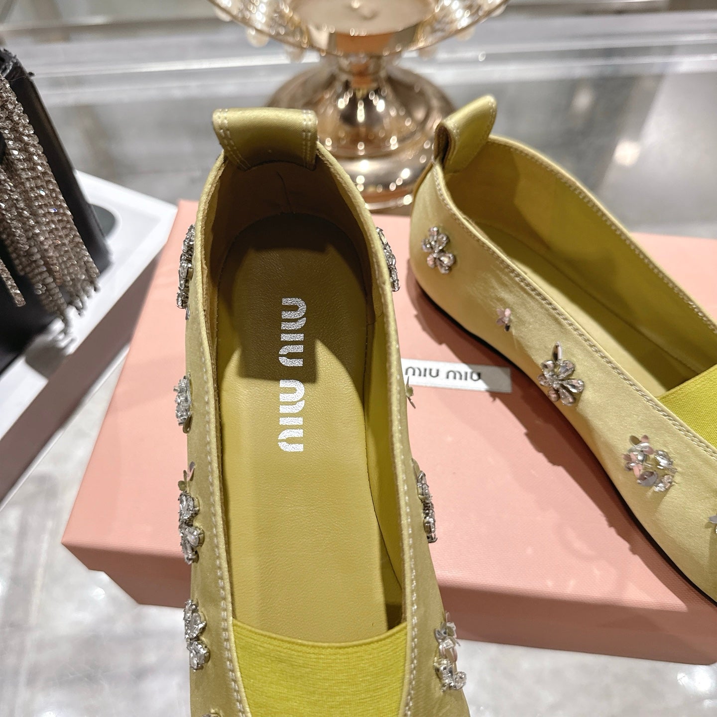 Miu 26 Ballet Flats with Crystal Rhinestones Lemony Yellow Silk Satin 592103