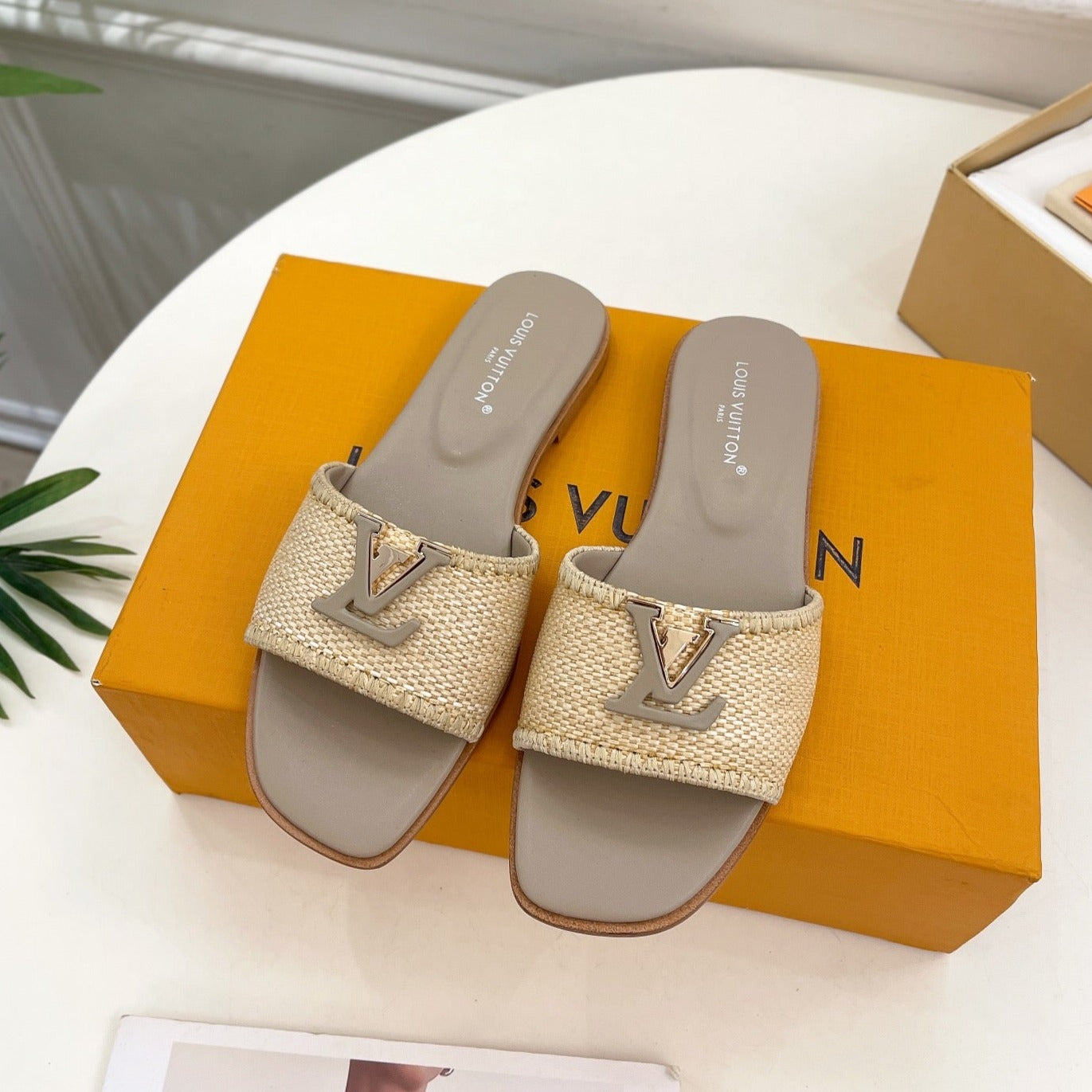lv capri flat mule beige raffia grey calfskin