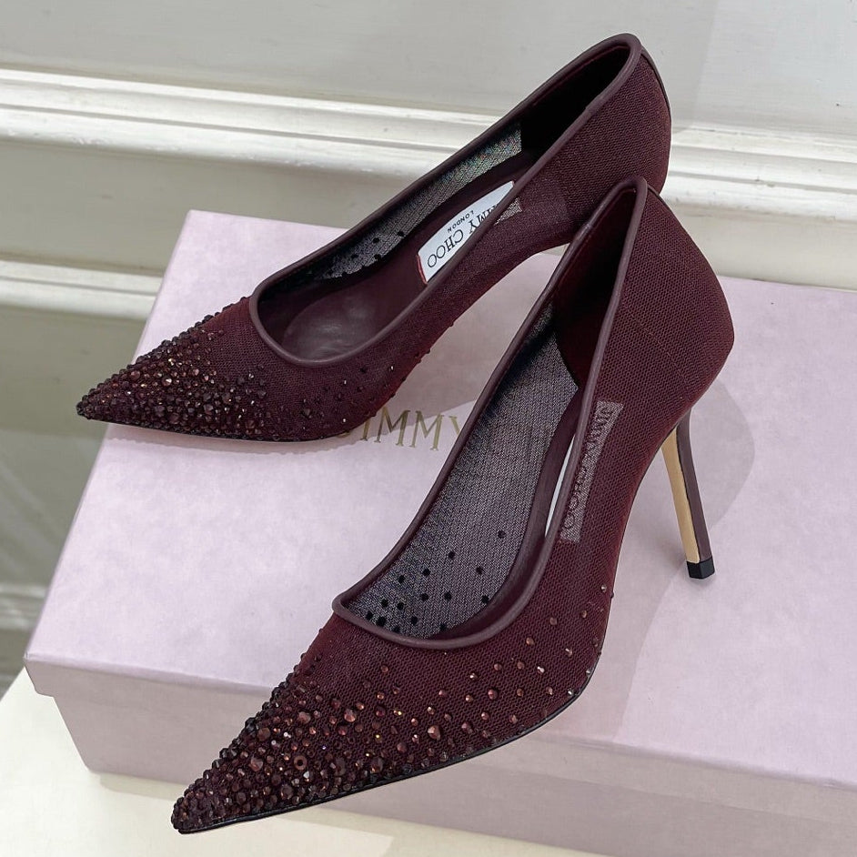 Jimmy Choo 2025 Love 100 Crystal-embellished Pumps Burgundy Mesh Leather 179048