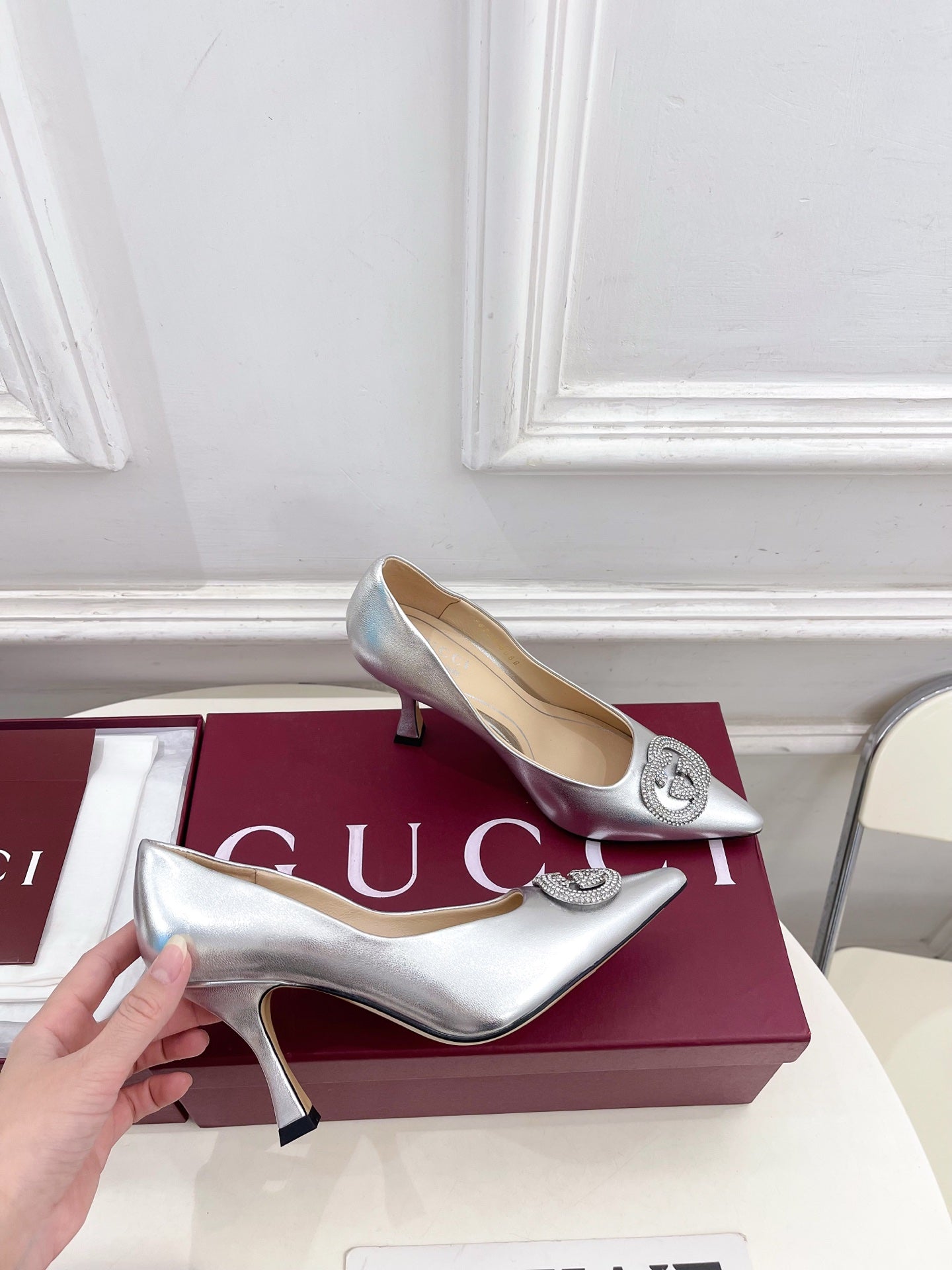 GG 26 High-Heeled 85 Pumps Sliver Metallic Cowhide 587079