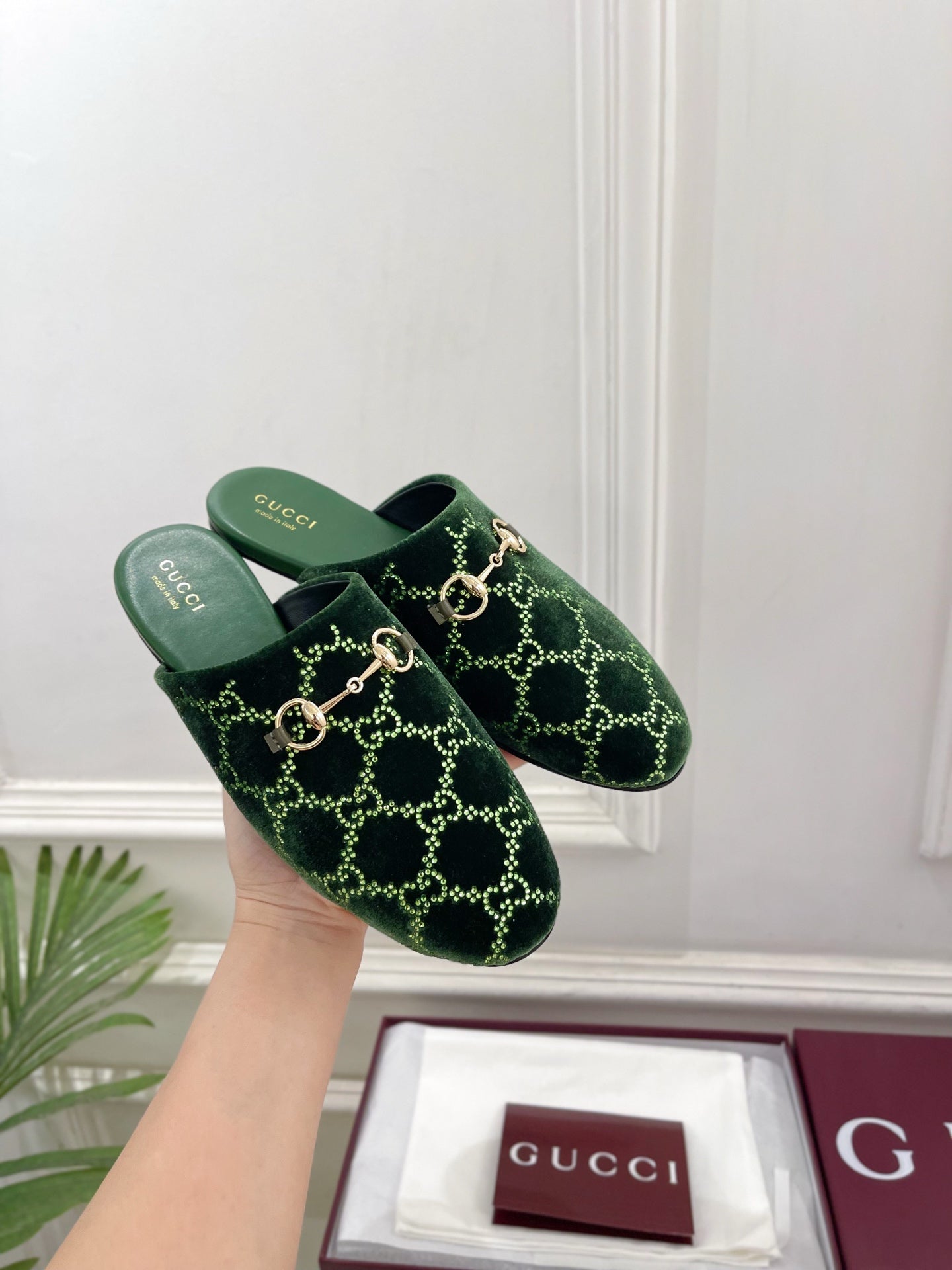 GG 26 Horsebit Flat Mules Rhinestones Dark Green Velvet 587082