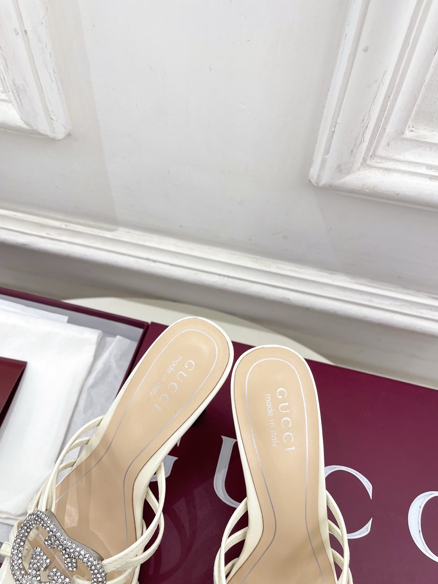 GG 26 High-Heeled Mules 85 White Beige Leather 587084